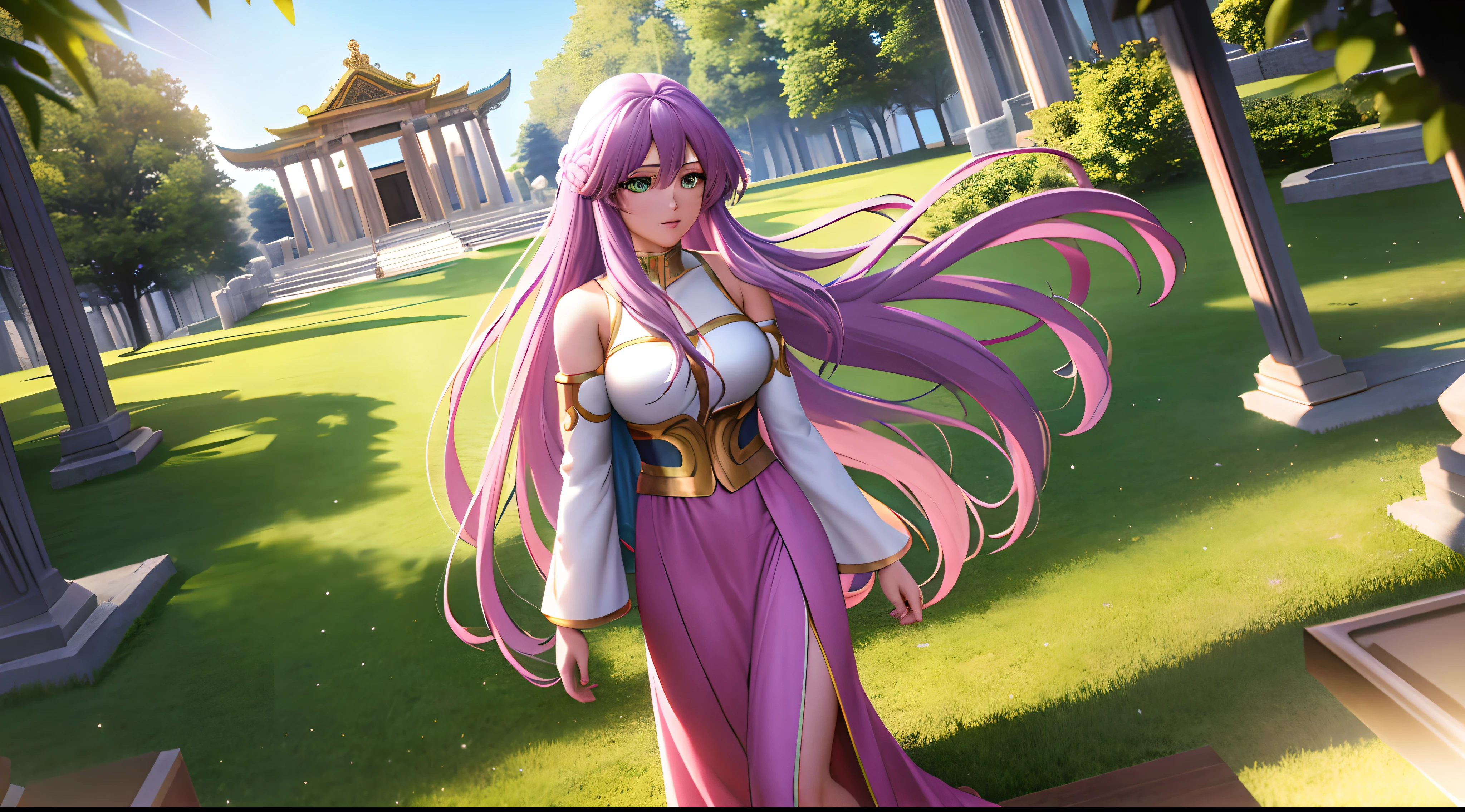 Kido_saori, Saint seiya athena with plain long light purple hair,hair between eyes,green eyes,rosy cheeks,full lips,thin eyebrows,slender body,reddish robe and very long skirt,cute anime girl,full body,athens temple,anime style,Lumen Reflections,Screen Space Reflections,Diffraction Grading,Chromatic Aberration,GB Displacement,Scan Lines,Ray Traced,Anti-Aliasing,FXAA,TXAA,RTX,SSAO,Shaders,OpenGL-Shaders, GLSL-Shaders,Post Processing,Post-Production,cell Shading,Tone Mapping,CGI,VFX,SFX,insanely detailed and intricate, 4K,standing, solo, masterpiece, best quality, detailed face, detailed eyes, highres