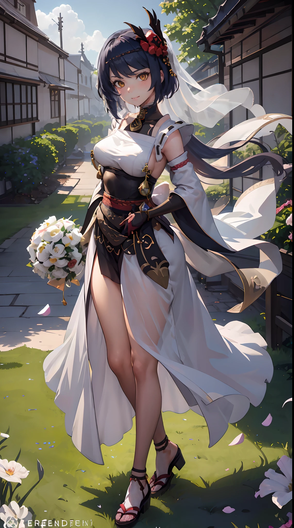 Kujou Sara | genshin impact, master-piece, bestquality, 1girls,25 years old, proportional body, proportional., Wedding Dresses, White Wedding Dress, Long skirt, wedding, ,bara, Standing in the middle of a flower garden, outdoor, wedding, The sky is beautiful, Both hands hold a bouquet of flowers................................................., View viewers from the front., Thigh strap, Head tilt, bored, 10, 10, HD, slight smile,