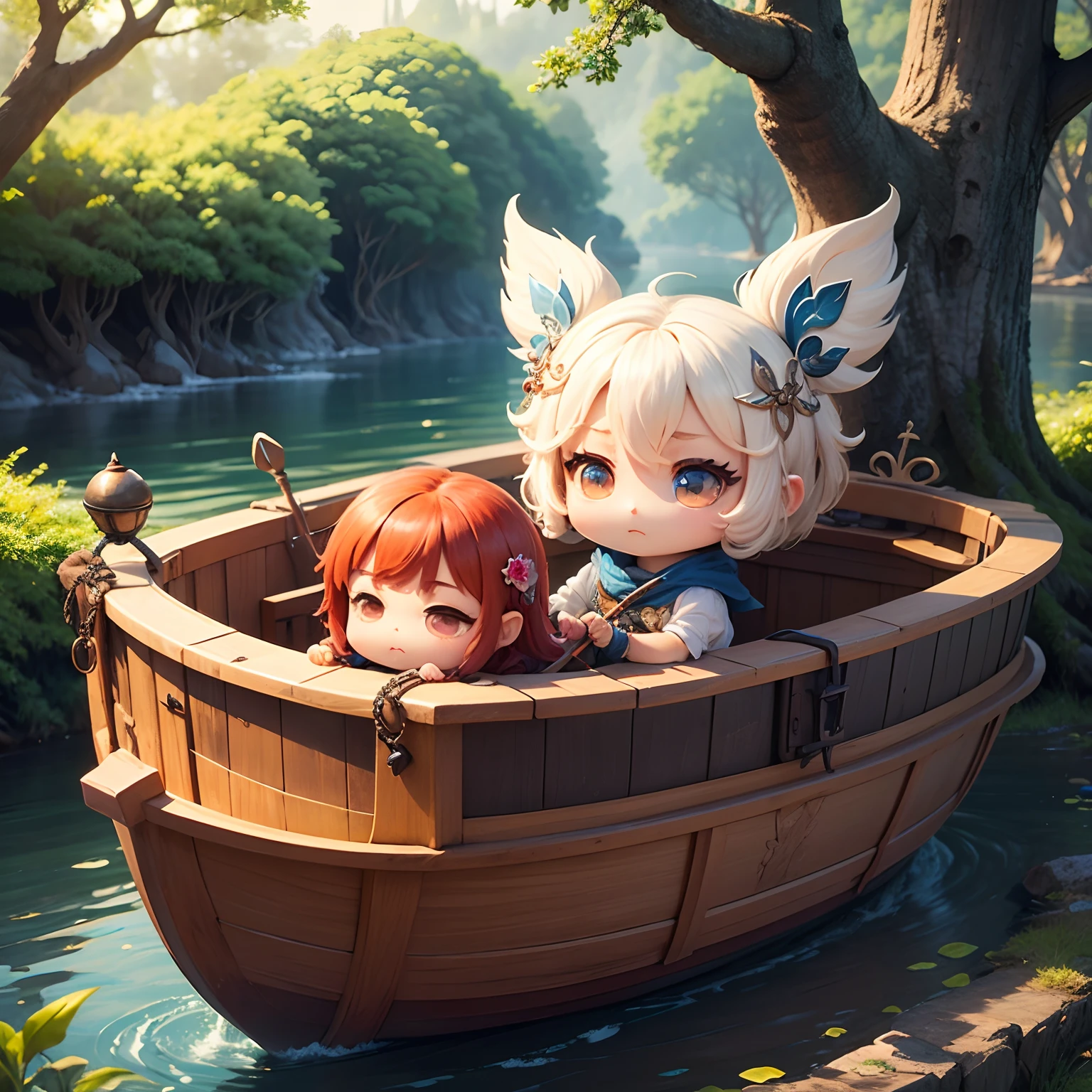 masterpiece、top-quality、ultra-detailliert、(Chibi Chada Boat:1.2)、Greek mythology、fairy tale forest、The lower body is buried in a large tree、Bright sunlight