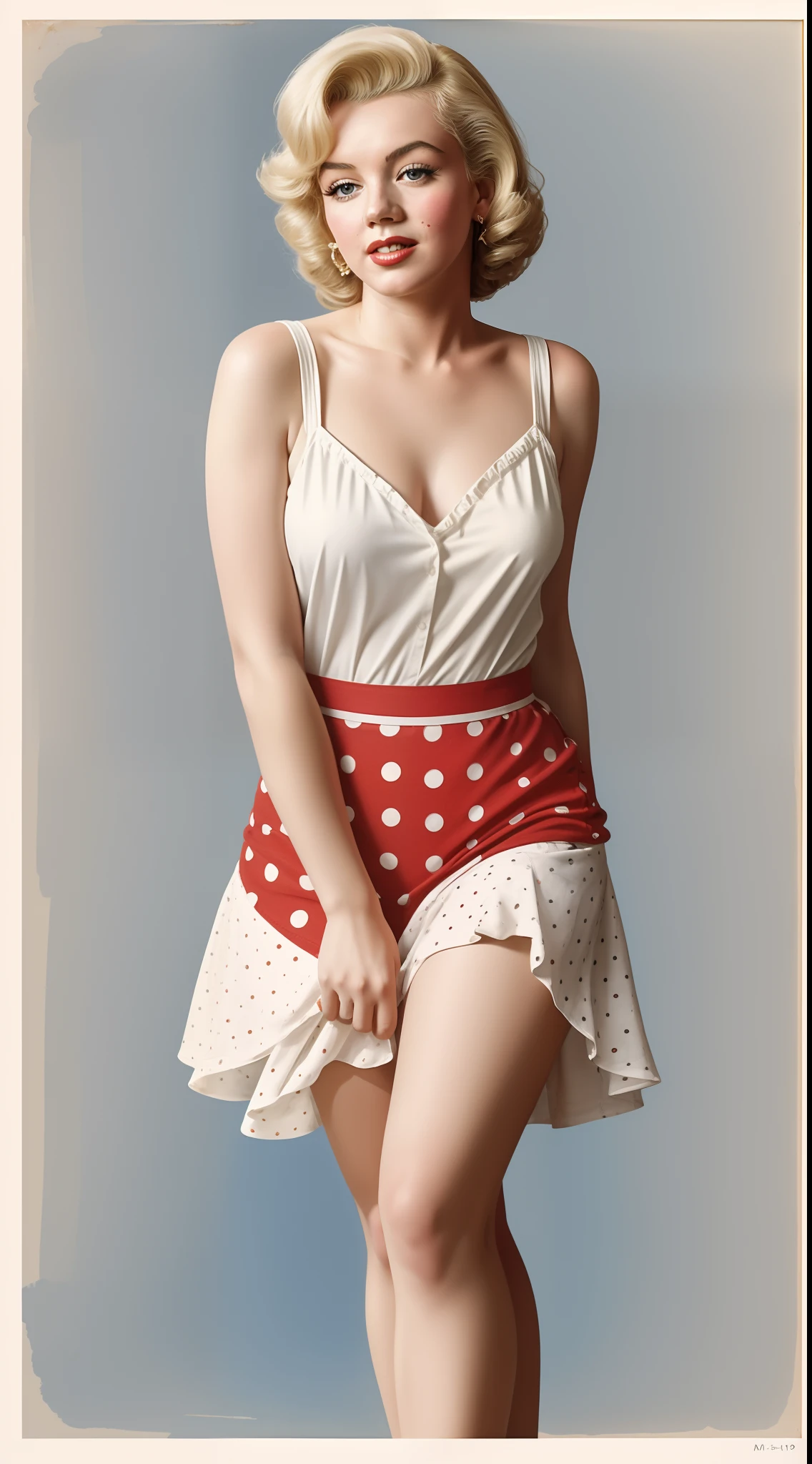 minimalist, 1970s Watercolor, Pen and Ink, a 25 years old Marilyn Monroe in retro fashion, pin-up style, full body, depiction of rural life, light gray and light brown and red and white and blue, in the style of classical Americana, mottled, playful innocence, white dotted, cutout from white background, in the style of Norman Rockwell, masterpiece art work.