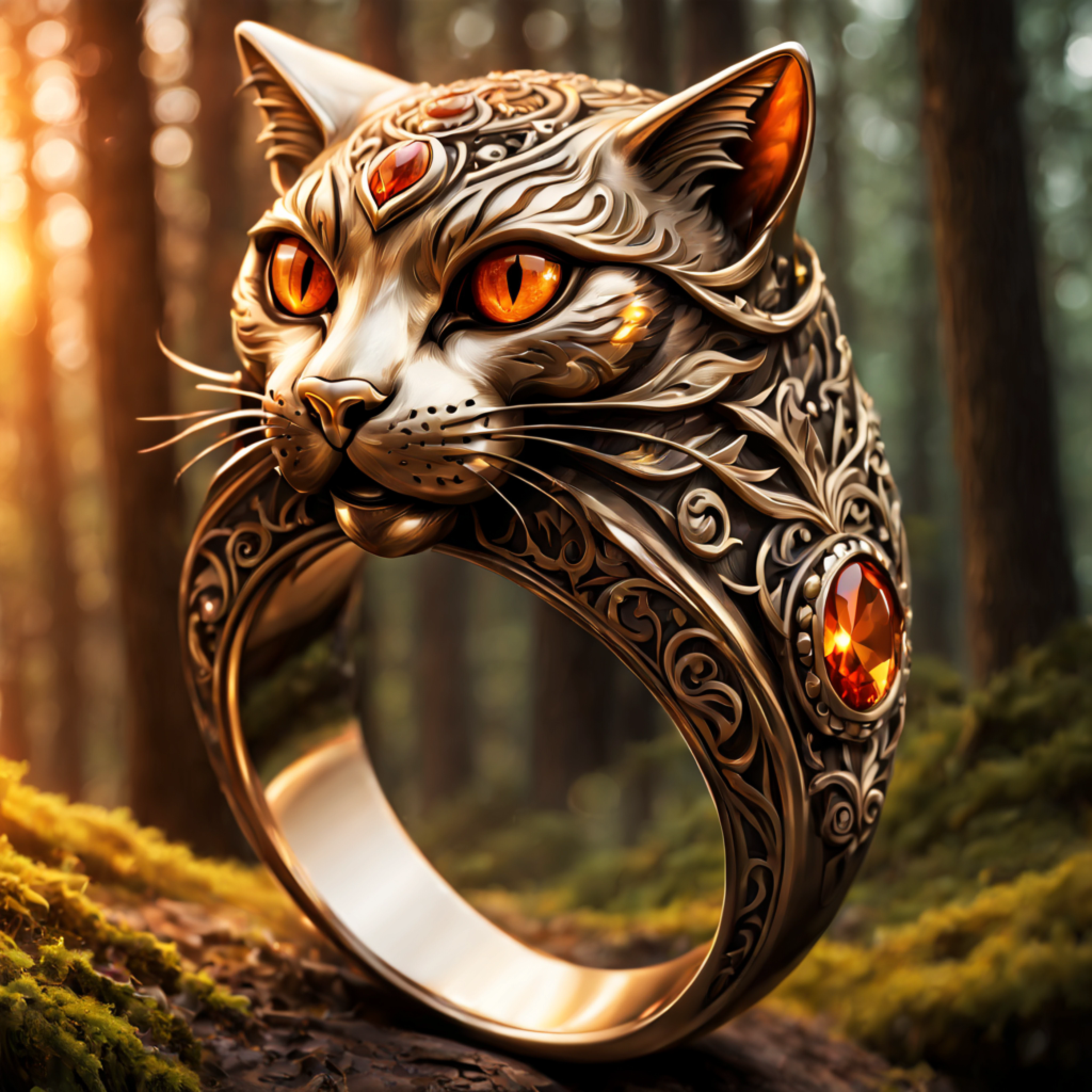 (anime drawing), (majestic ring with intricate cat engravings on it:1.2), rich ornate patterns, (orange metallic reflection), (romantic forest background:1.4)