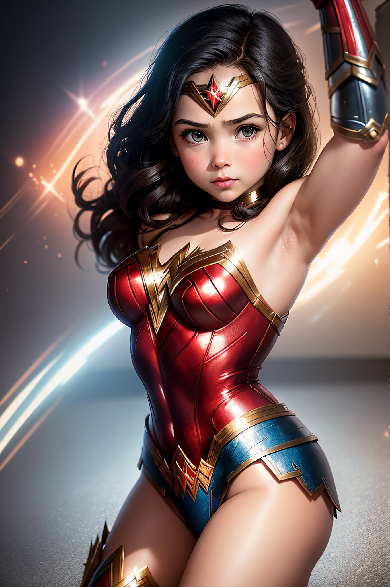 Wonder Woman, 7 year old version with classic armor, on a children's party background