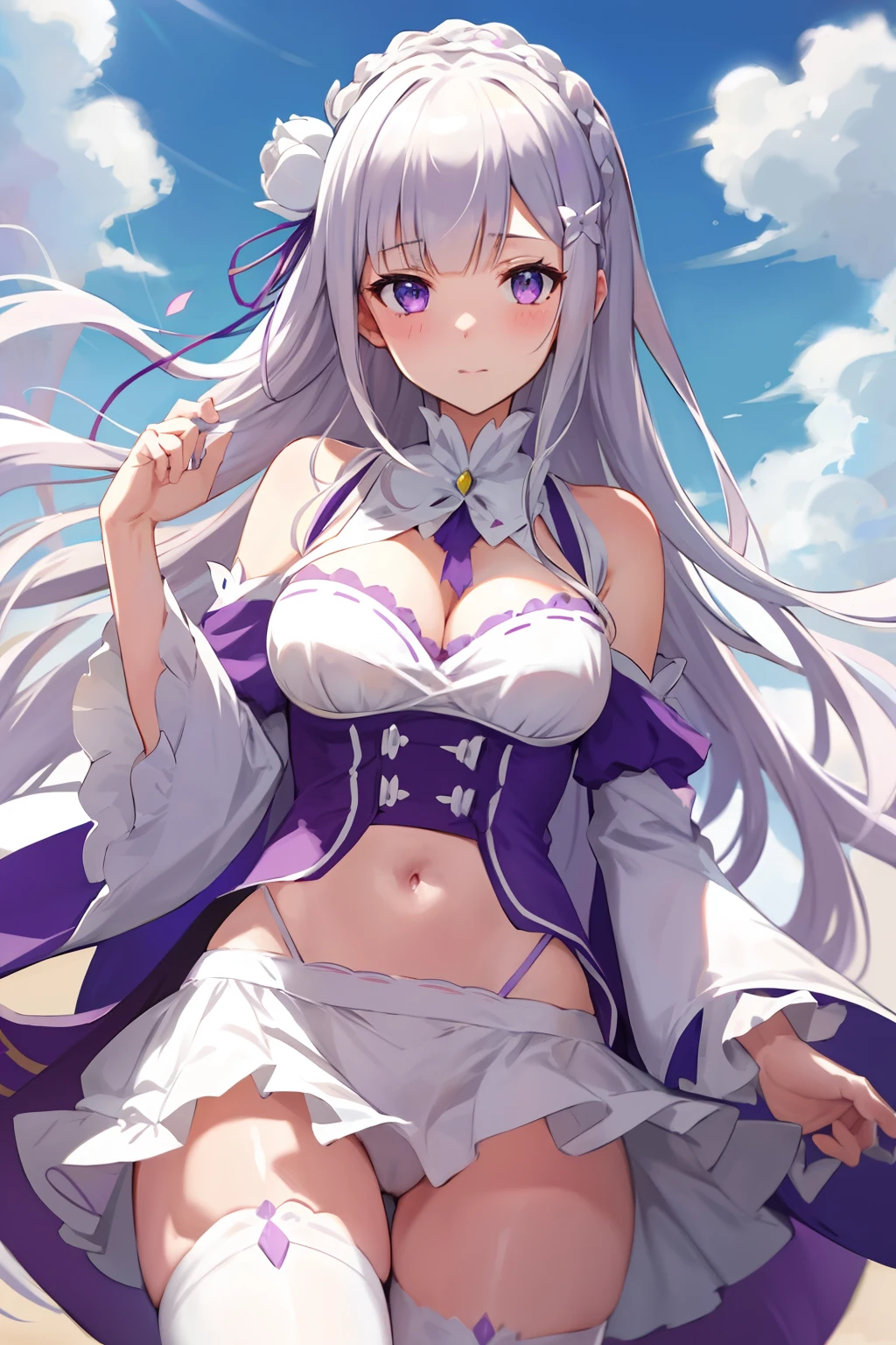 Emilia Re:Zero, white hair, white crown braid, purple ribbons in hair, white flower in hair, white lingerie, x hair ornament, purple eyes, long hair, medium breasts, fox girl, multiple tails, 1girl, solo,
(masterpiece:1.1), (best quality:1.1), (ultra-detailed:1.1), (illustration:1.1), medium breasts, one piece lingerie, lacy white lingerie, cleavage cutout, midriff, looking at viewer, cowboy shot, blushing