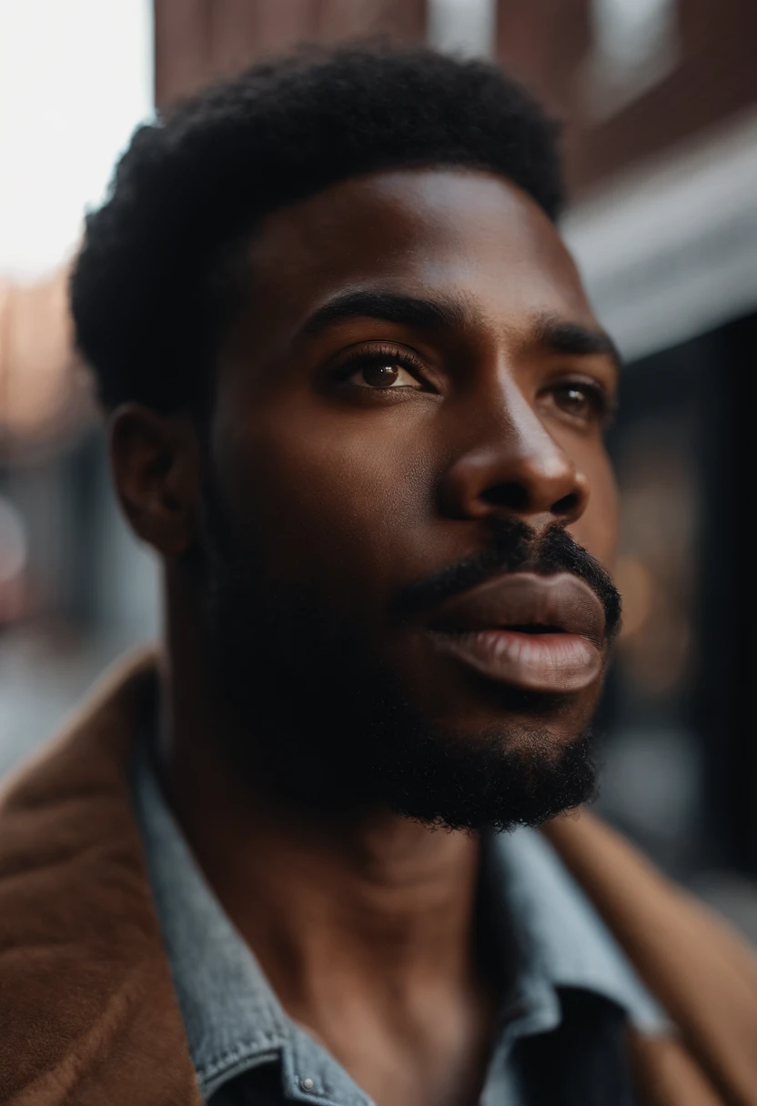 Hyper realistic , ultra detailed, photo of handsome Black American man , big lips, defined lips, prominent lips, Front facing, ultra detailed, ultra accurate detailed, Shot with canon EOS RI camera at 50 mm focal length with a 1.4 aperture. 4k, 8k. Heavy makeup and a coy expression, photo taken on the streets of brooklyn.