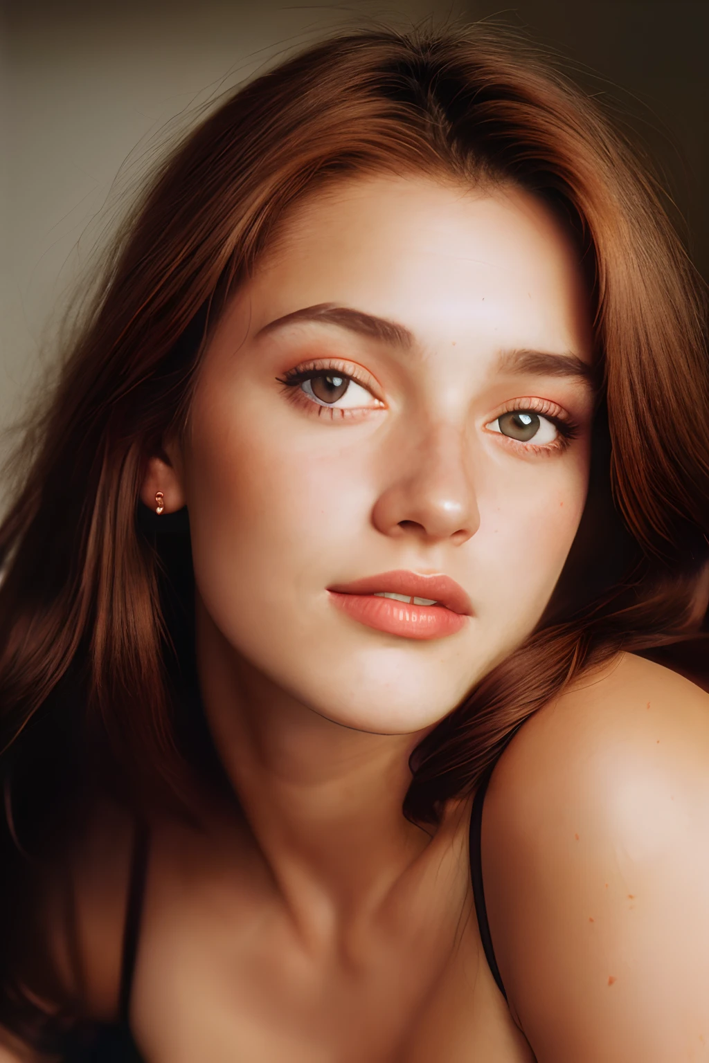 (Close-up, fotografia editorial de uma mulher de 18 anos), (Rosto de alto detalhe:1.4) (sorrir:0.7) (fundo dentro escuro, mal-humorado, estudo privado:1.3) Pov, Por Lee Jeffries, Nikon D850 |, Fotografia de filme ,4 Kodak Portra 400 ,camera f1.6 lentes ,Cores ricas ,hyper realistic ,textura realista, dramatic lighting , cinestill 800,