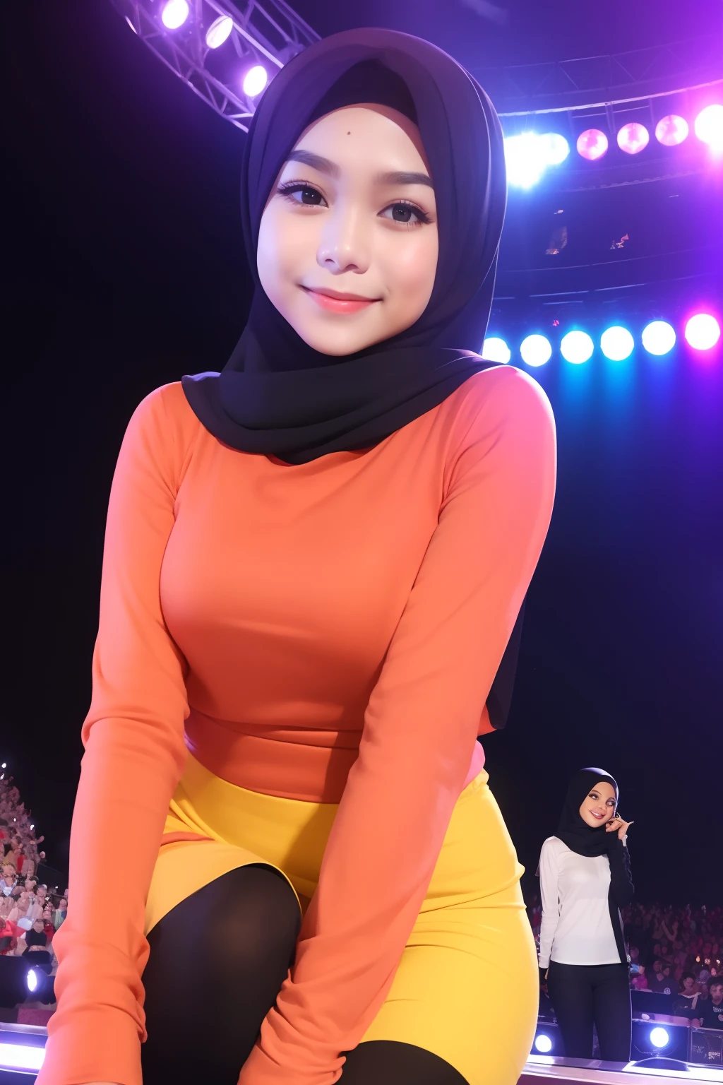 Portrait photography of a beautiful young malay girl ( mira filzah:1.0) in hijab wearing tight long sleeve tshirt and short skirt with leggings watching a concert, nighttime, concert background, bright lighting, smile and happy gesture