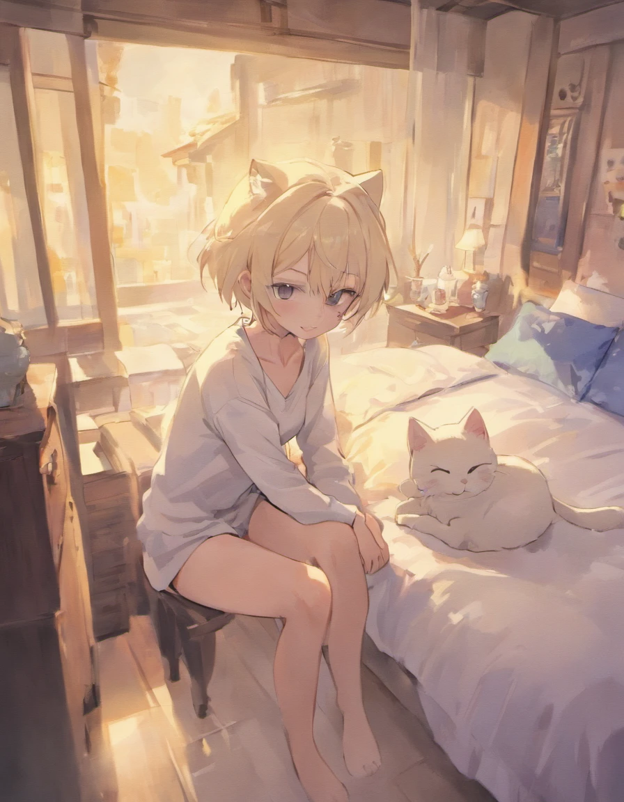 cute guy, cat ears, cat tail, looking at camera, smiling, white hair, white shirt, white underwear, sitting on bed, japanese house, 4 , cute boy
