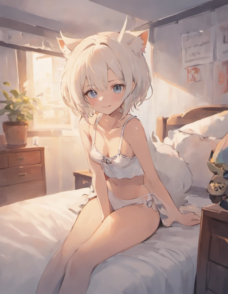 cute guy, cat ears, cat tail, looking at camera, smiling, white hair, white shirt, white underwear, sitting on bed, japanese house, 4 , cute boy