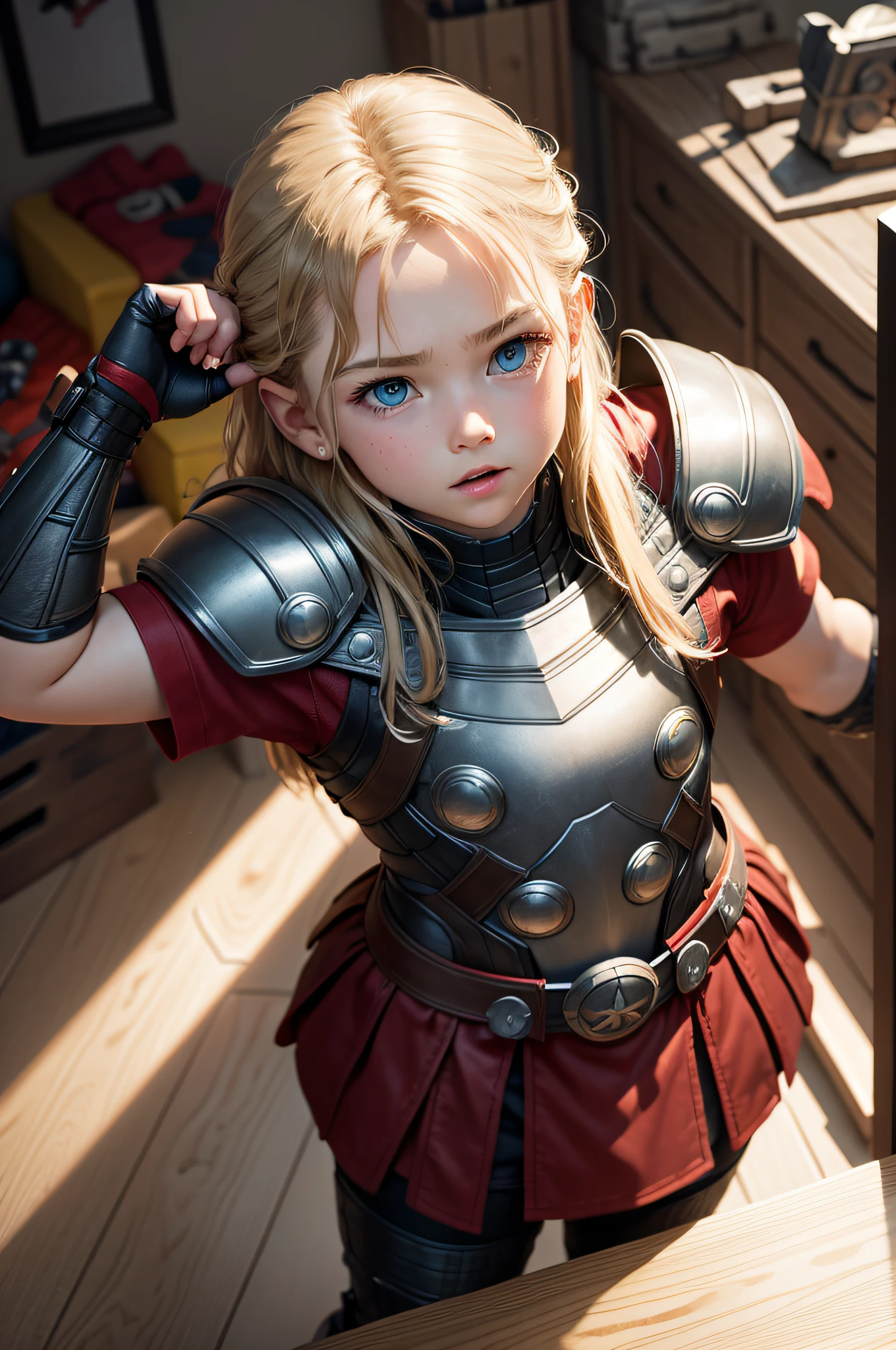 Thor Avengers, 9 year old version with classic armor, on a toy room background