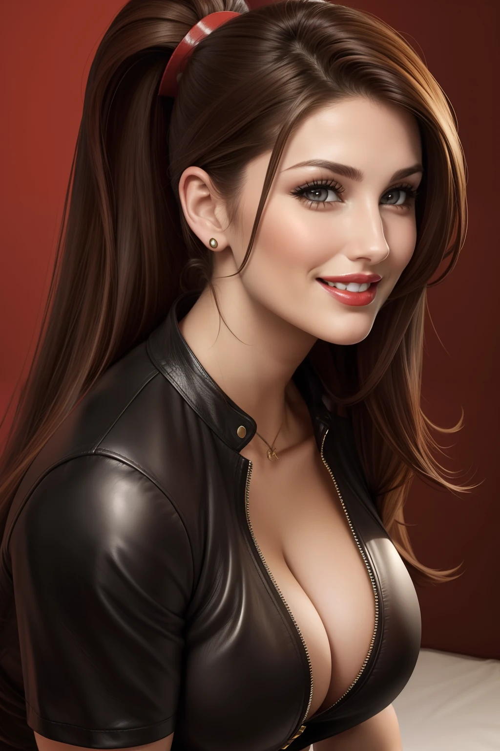 Lucy Pinder, Face portrait, red lipstick, smiling, brown hair, straight hair, ponytail, black leather t-shirt, cleavage.