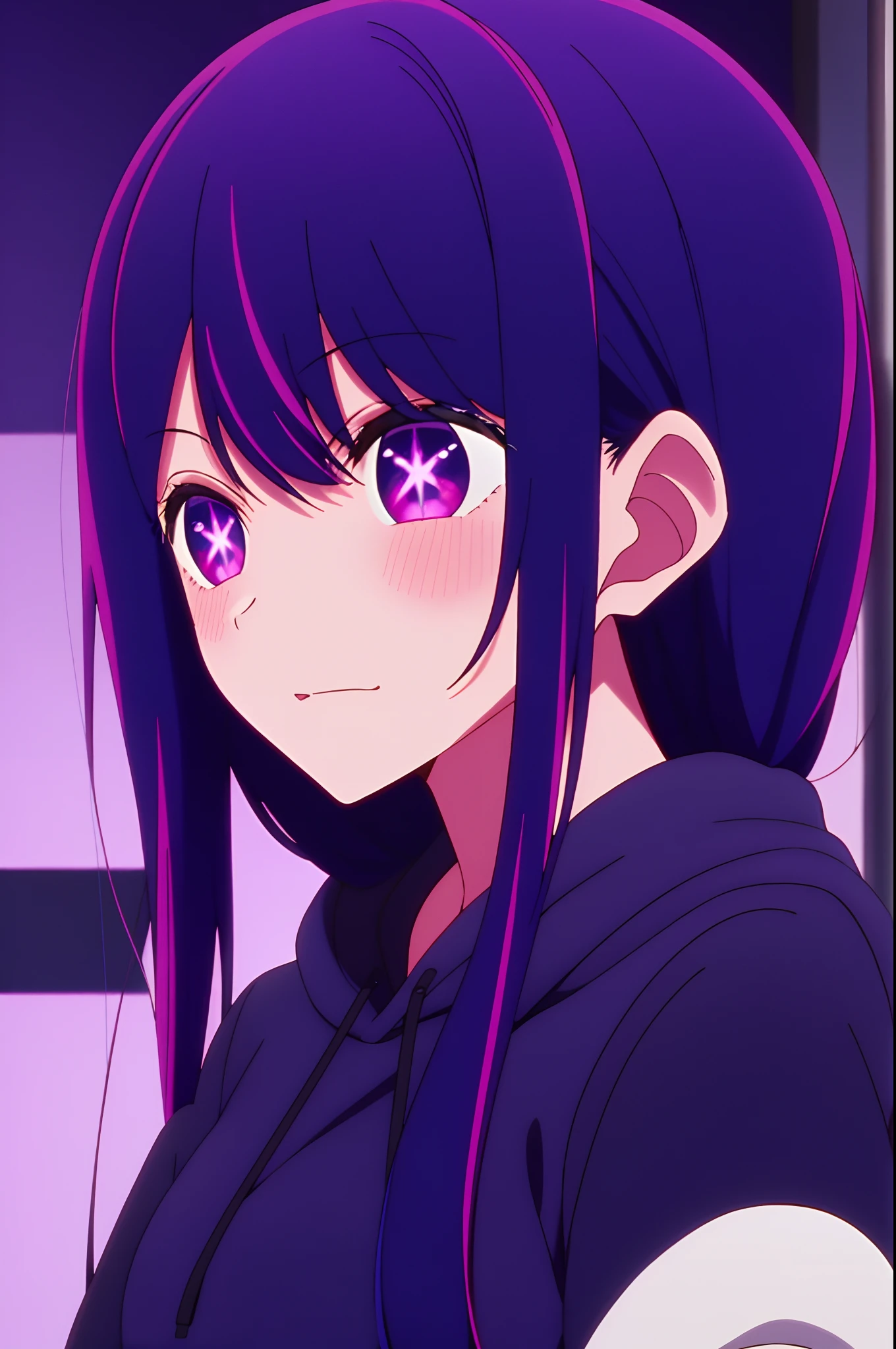 Yukino, best quality, purple color hair, purple eyes, in a black hoodie, cute girl, her expression is solemn, sexy face, she has a cute expressive face, hard breast