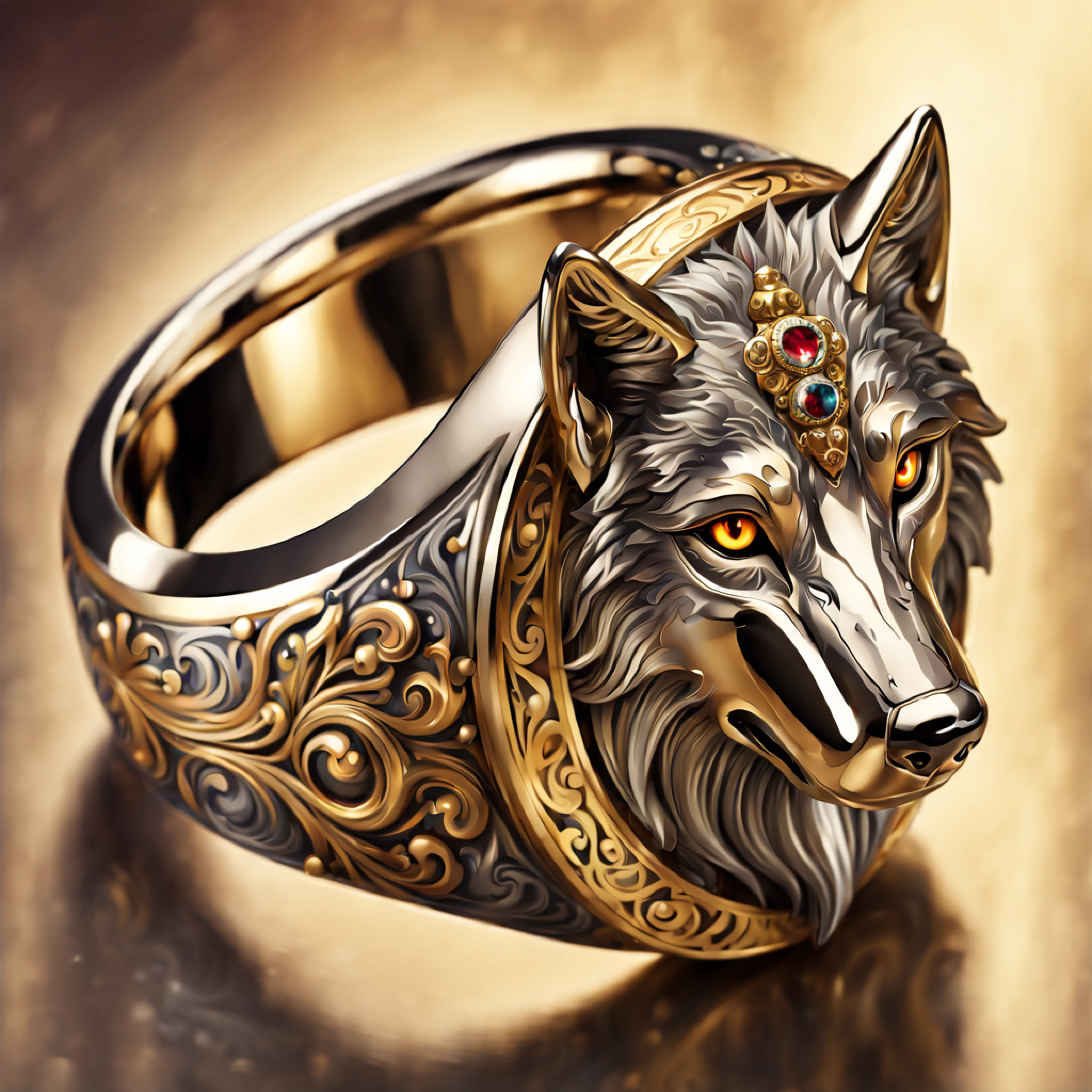 (epic cartoon painting), (big majestic ring:1.2) (with intricate wolf king engravings on it:1.2), rich ornate patterns, grey (metallic reflection:1.2), (abstract background)