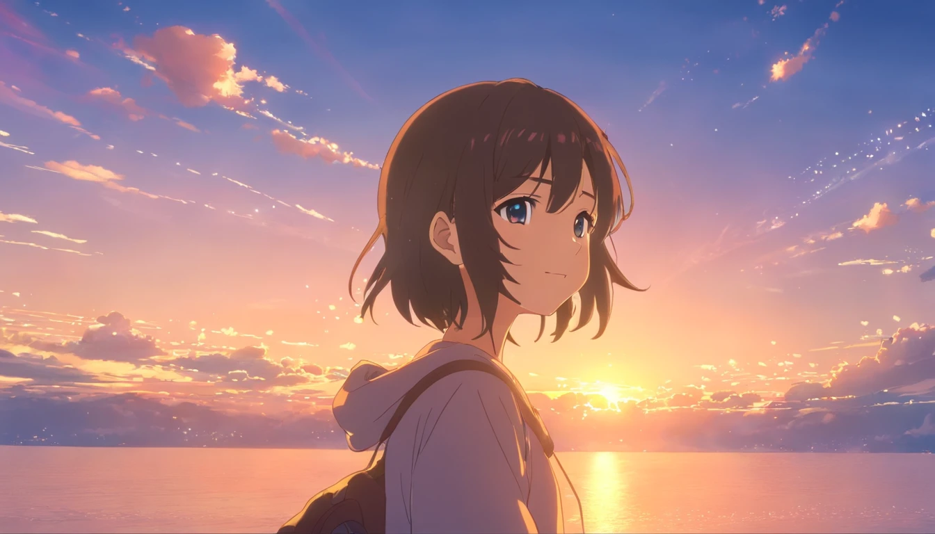 masutepiece, Best Quality, Movie Still, 1girl in, Cloud Girl, Black Cap,head phone,Floating in the sky, close-up, Bright, Happy, Warm and soft lighting, Sunset, (sparks:0.7)