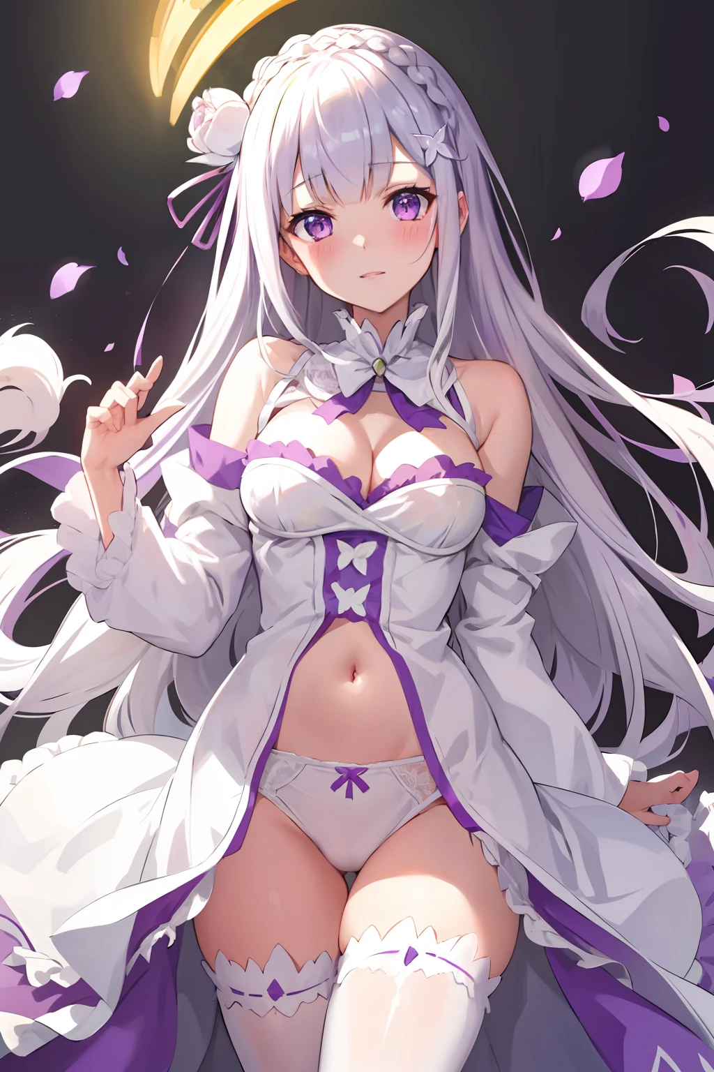 Emilia Re:Zero, white hair, white crown braid, purple ribbons in hair, white flower in hair, white lingerie, x hair ornament, purple eyes, long hair, medium breasts, fox girl, multiple tails, 1girl, solo, 

(masterpiece:1.1), (best quality:1.1), (ultra-detailed:1.1), (illustration:1.1), medium breasts, one piece lingerie, lacy white lingerie, cleavage cutout, midriff, looking at viewer, cowboy shot, blushing