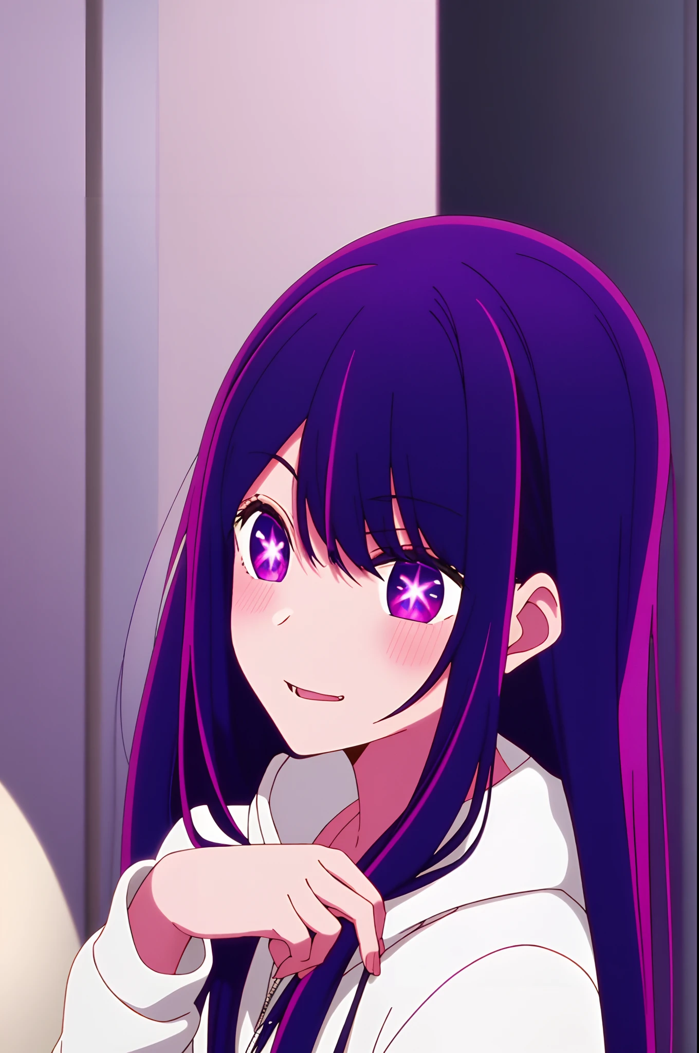 Yukino, best quality, purple color hair, purple eyes, in a black hoodie, cute girl, her expression is solemn, sexy face, she has a cute expressive face, hard breast