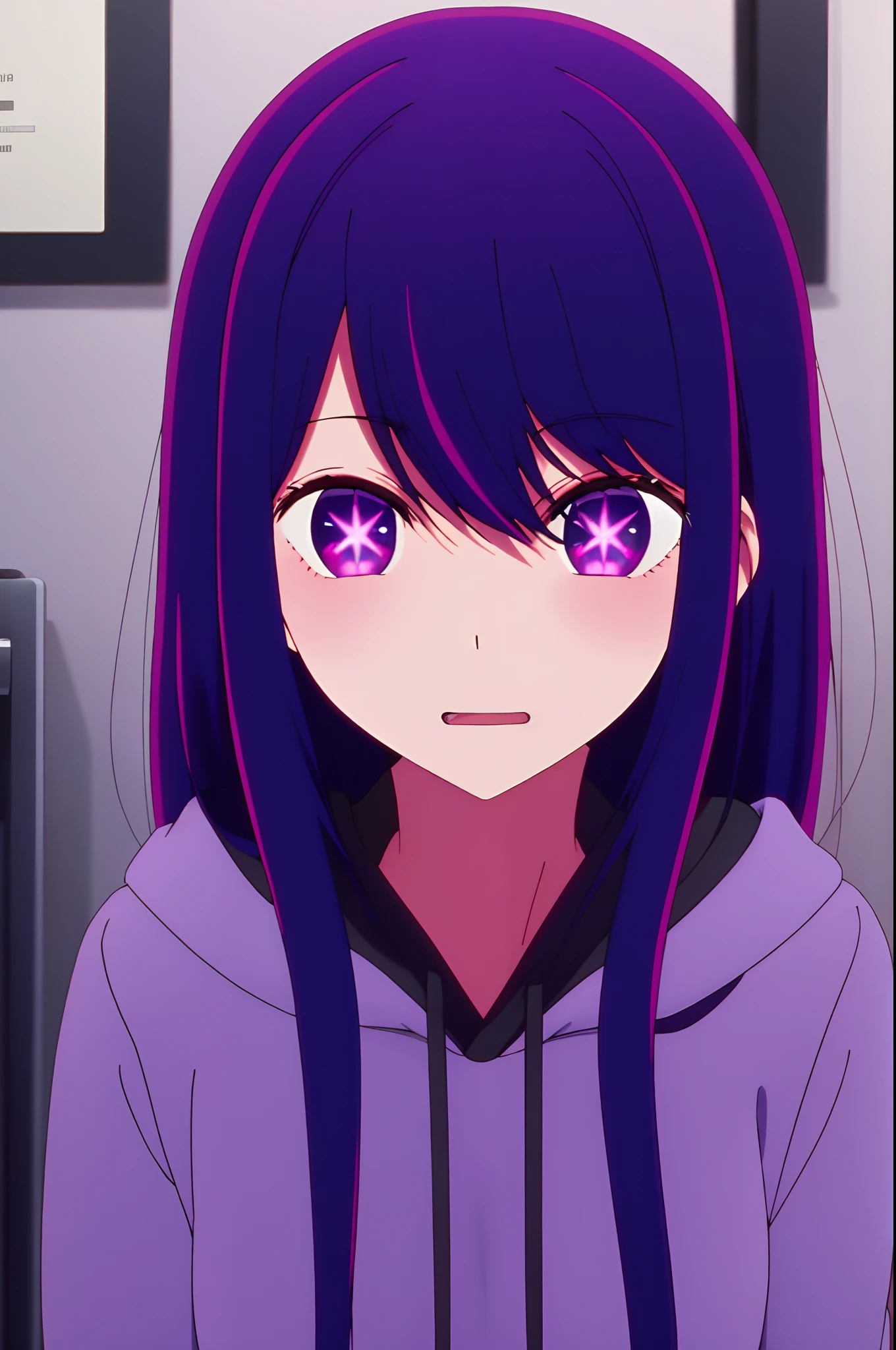Yukino, best quality, purple color hair, purple eyes, in a black hoodie, cute girl, her expression is solemn, sexy face, she has a cute expressive face, hard breast