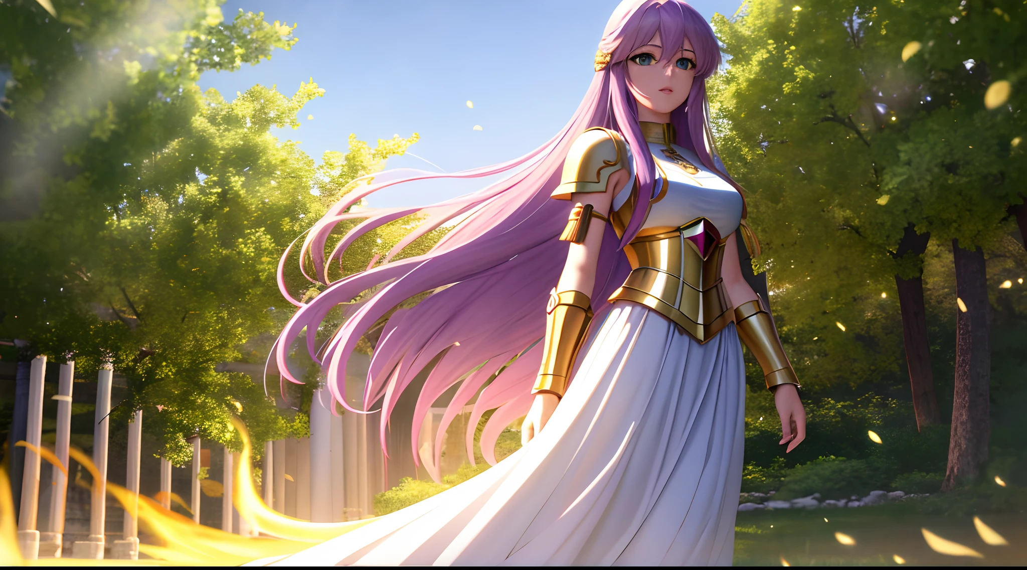 Kido_saori, Saint seiya athena with plain long light purple hair,hair between eyes,green eyes,rosy cheeks,full lips,thin eyebrows,slender body,blazing flames armor and very long skirt,cute anime girl,full body,athens temple,anime style,Lumen Reflections,Screen Space Reflections,Diffraction Grading,Chromatic Aberration,GB Displacement,Scan Lines,Ray Traced,Anti-Aliasing,FXAA,TXAA,RTX,SSAO,Shaders,OpenGL-Shaders, GLSL-Shaders,Post Processing,Post-Production,cell Shading,Tone Mapping,CGI,VFX,SFX,insanely detailed and intricate, 4K,standing, solo, masterpiece, best quality, detailed face, detailed eyes, highres
