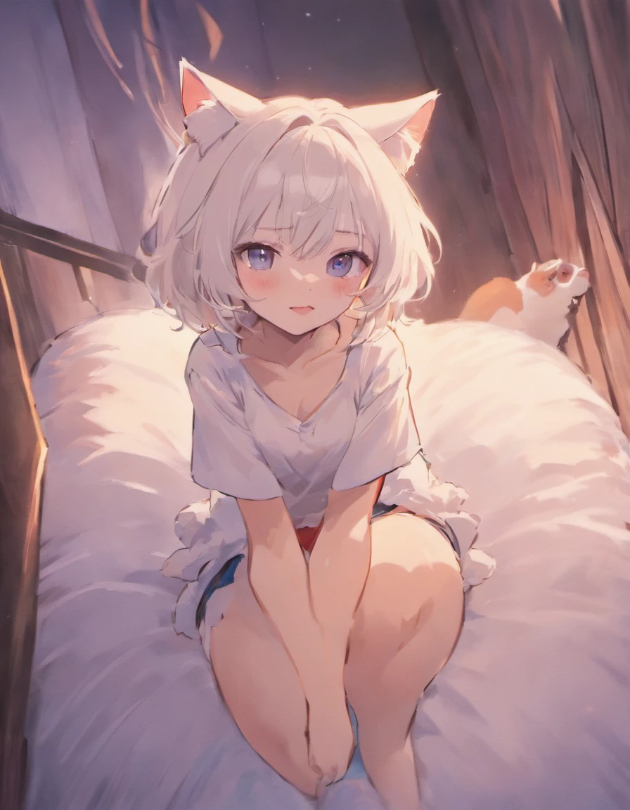 cute male, cat ears, cat tail, looking at camera, smiling, white hair, white shirt, white underwear, sitting on bed, japanese house, 4 , cute boy, small body