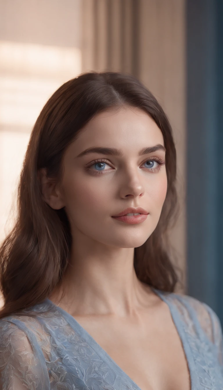 Produce an ultra-realistic Instagram model of a beautiful woman, long brown hair, blue eyes, soft skin, soft purple light in the background, standing on a modern apartment , The image has a high resolution of 4K, with soft, natural lighting that enhances the model's skin tones and the colors of their outfit, The render style is focused on realism and detailed textures, and the final result is a captivating portrayal of modern elegance.