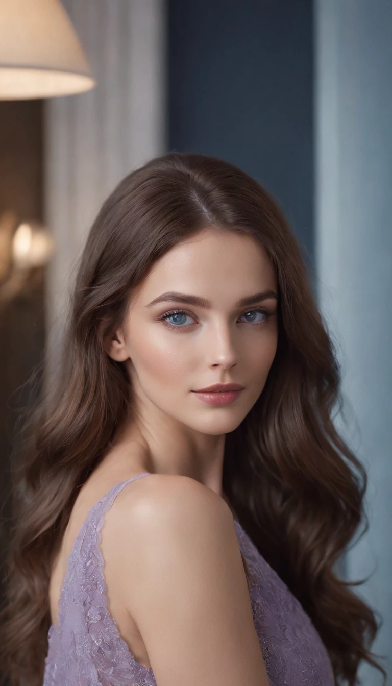 Produce an ultra-realistic Instagram model of a beautiful woman, long brown hair, blue eyes, soft skin, soft purple light in the background, standing on a modern apartment , The image has a high resolution of 4K, with soft, natural lighting that enhances the model's skin tones and the colors of their outfit, The render style is focused on realism and detailed textures, and the final result is a captivating portrayal of modern elegance.