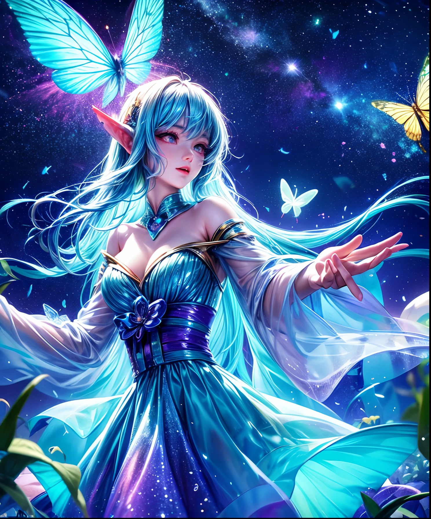 Cute iridescent round monster in space、Iridescent grass々Drawing a butterfly flying over the water, Looking up at the starry sky. Surround her with colorful nebulae and colorful forests.