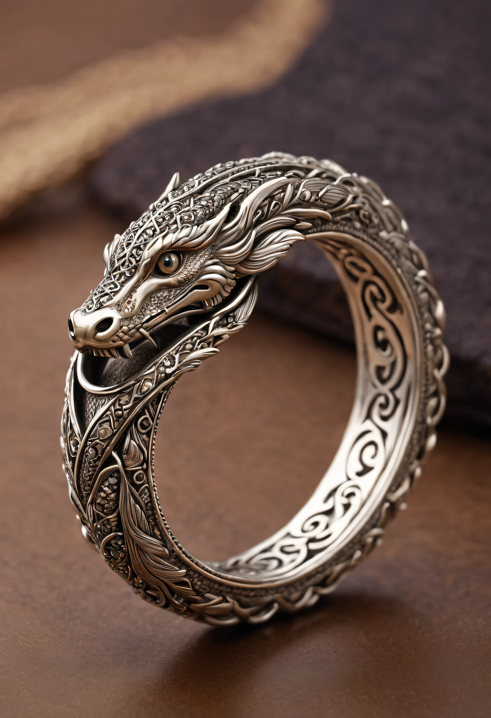 An exquisite and ornate silver (metal ring) in the form of an (ouroboros). The ouroboros ring is embelished with intricate intertwining strands of interconnected patterns, and engraved with intricate flourishes and dimensional details, exhibiting the mesmerizing infinite interplay of light and shadow.