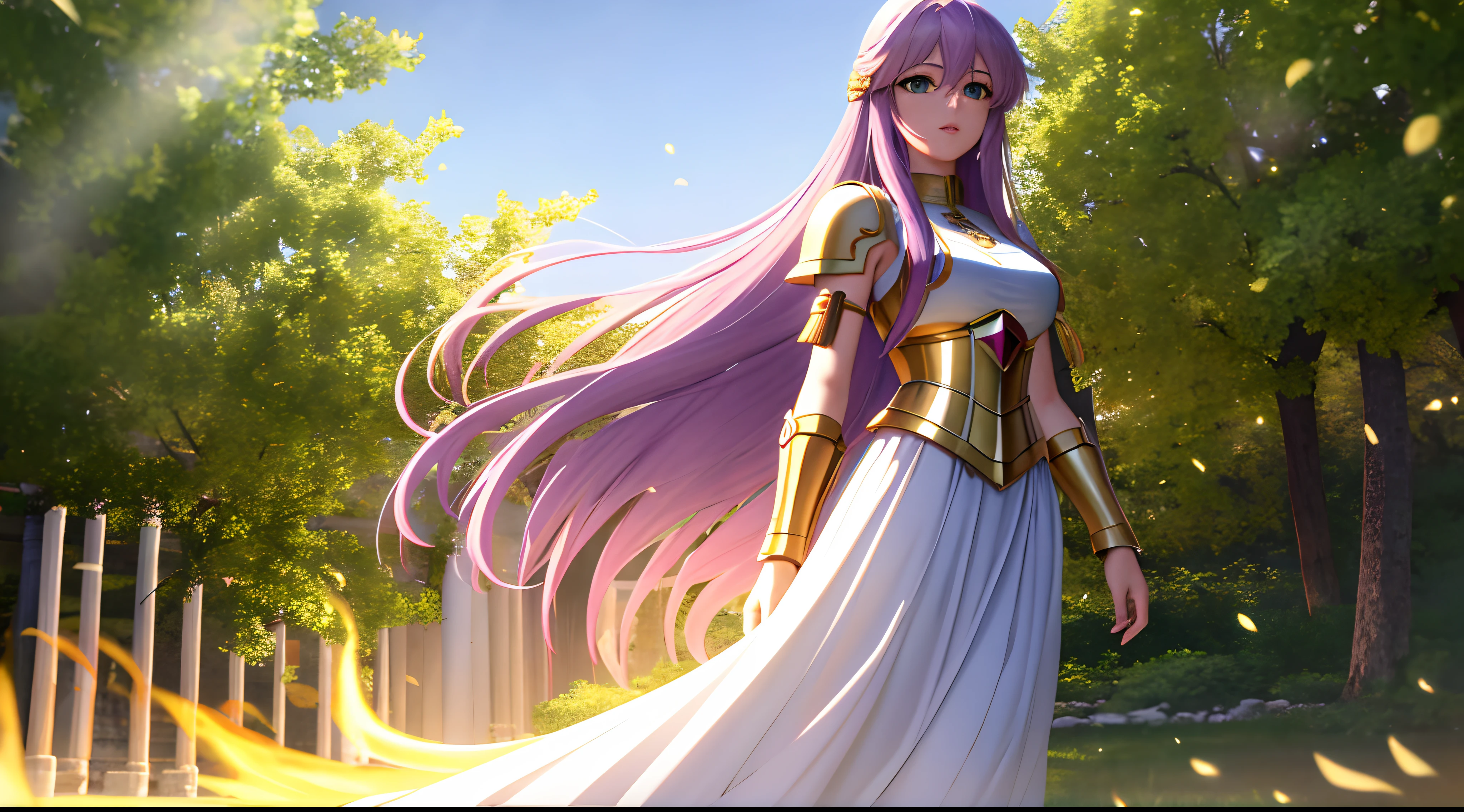 Kido_saori, Saint seiya athena with plain long light purple hair,hair between eyes,green eyes,rosy cheeks,full lips,thin eyebrows,slender body,blazing flames armor and very long skirt,cute anime girl,full body,athens temple,anime style,Lumen Reflections,Screen Space Reflections,Diffraction Grading,Chromatic Aberration,GB Displacement,Scan Lines,Ray Traced,Anti-Aliasing,FXAA,TXAA,RTX,SSAO,Shaders,OpenGL-Shaders, GLSL-Shaders,Post Processing,Post-Production,cell Shading,Tone Mapping,CGI,VFX,SFX,insanely detailed and intricate, 4K,standing, solo, masterpiece, best quality, detailed face, detailed eyes, highres