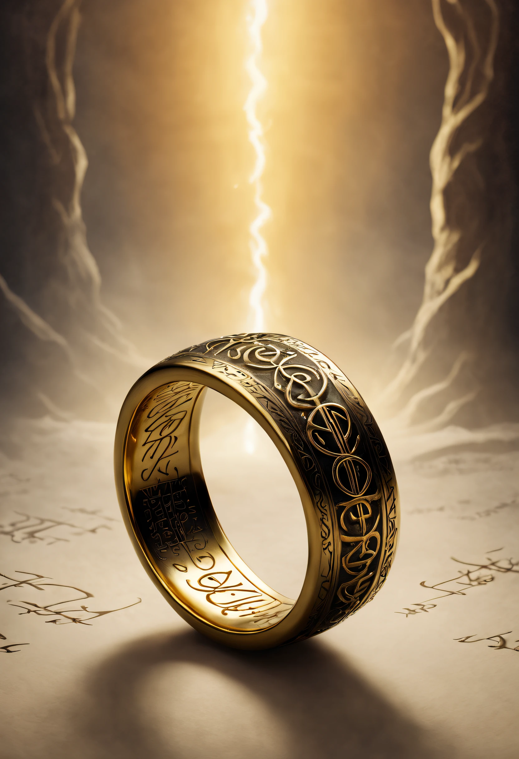 A detailed and original artwork depicting the iconic Ring of Power, also known as Isildur's Bane, from Middle Earth lore. This mystical object, inscribed with ancient elvish script and etched with intricate symbols, is shown in a slightly enlarged size, allowing for a close examination of its delicate features. As a subtle effect, an ambient golden glow emanates from the ring, suggesting its vast power and mysterious history.