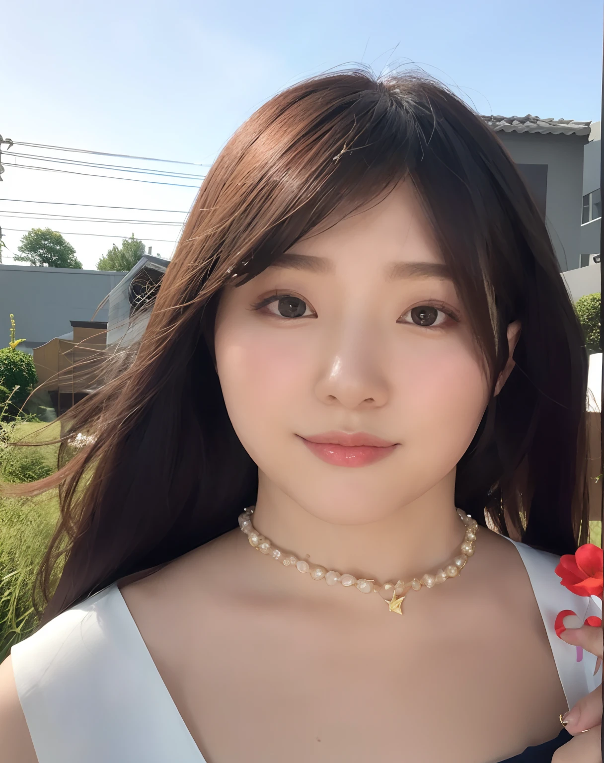 there is a woman with a necklace and a necklace on her neck, 8k selfie photograph, young lovely Korean faces, jaeyeon nam, Anime girl in real life, Gorgeous young Korean woman, 8K Artgerm bokeh, portrait of female korean idol, Soft portrait shot 8 K, Beautiful young Korean woman, beautiful Korean women, Sakimican Hedry's perfect face is cute and charming