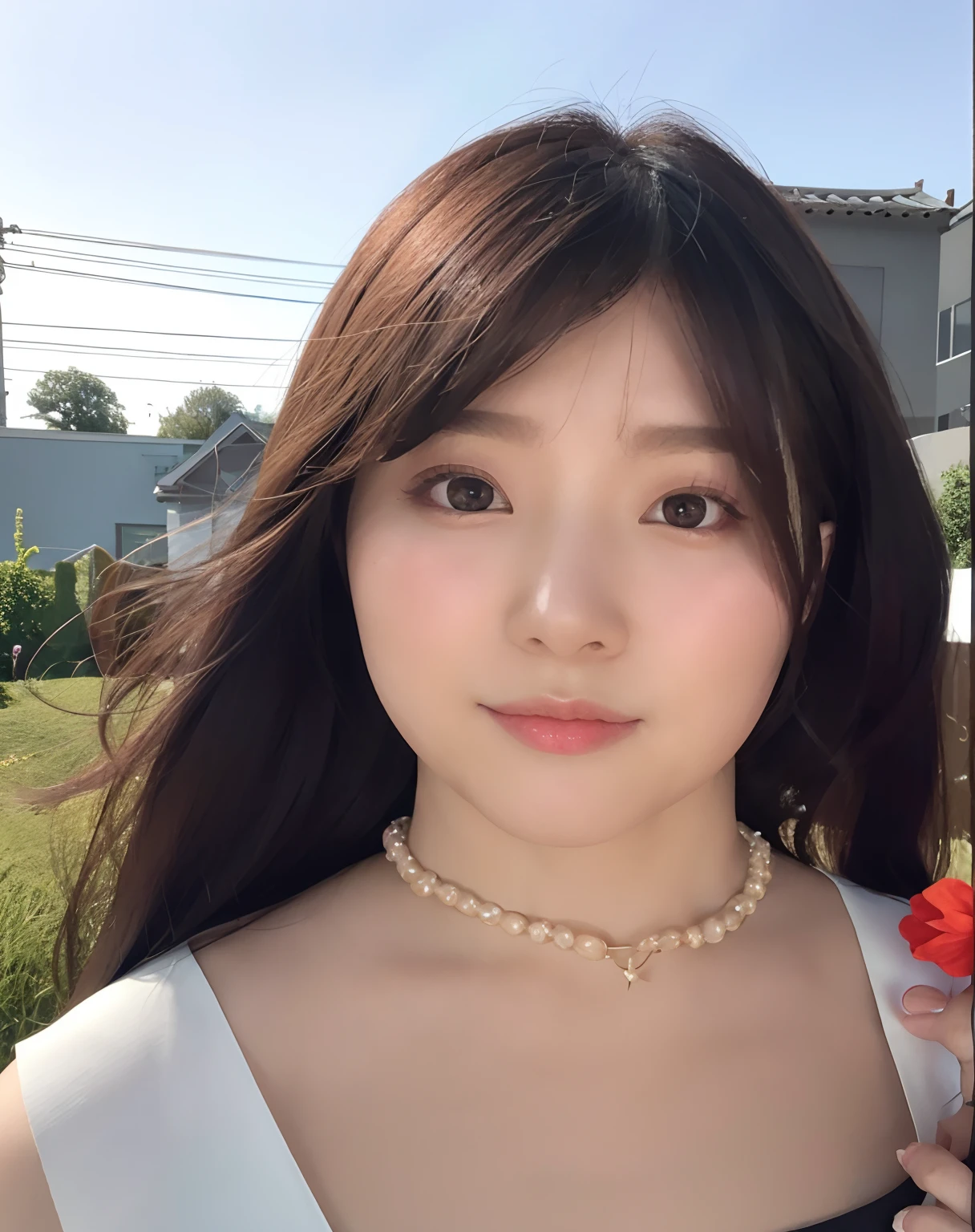 there is a woman with a necklace and a necklace on her neck, 8k selfie photograph, young lovely Korean faces, jaeyeon nam, Anime girl in real life, Gorgeous young Korean woman, 8K Artgerm bokeh, portrait of female korean idol, Soft portrait shot 8 K, Beautiful young Korean woman, beautiful Korean women, Sakimican Hedry's perfect face is cute and charming