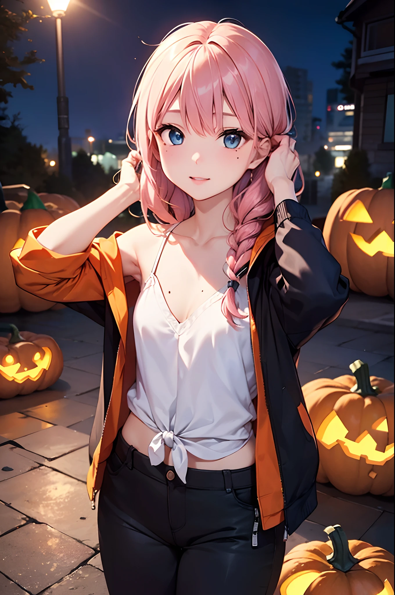 (Girl with a nasty appearance:1.3)、(Daytime:1.5)、(and chest:1.4)、Raw photography, top-quality, hight resolution, (masterpiece), (Photorealsitic:1.4), (Mole under the eyes),Anime Cosplay, foco nítido, nffsw, 8K分辨率, intricate detailes, depth of fields, the Extremely Detailed CG Unity 8K Wallpapers, front lit, femele,25-years old、 Happy face,(tying hair:1.5)、see -through、(Medium pink hair)、blue eyess,(Pumpkin Battle:1.5)、(jaket:1.3)、(Full body depiction)、Autumn atmosphere