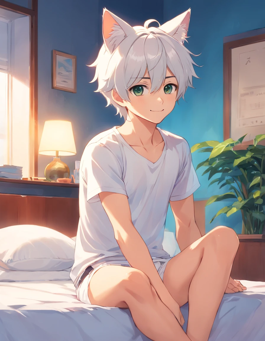 cute male, cat ears, cat tail, looking at camera, smiling, white hair, shirtless, white jockstrap, sitting on bed, japanese house, 4 , cute boy, small body, no shirt, black neck collar, jockstrap, bulge