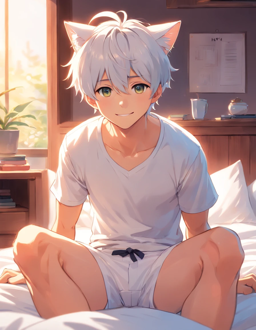 cute male, cat ears, cat tail, looking at camera, smiling, white hair, white shirt, white underwear, sitting on bed, japanese house, 4 , cute boy, small body