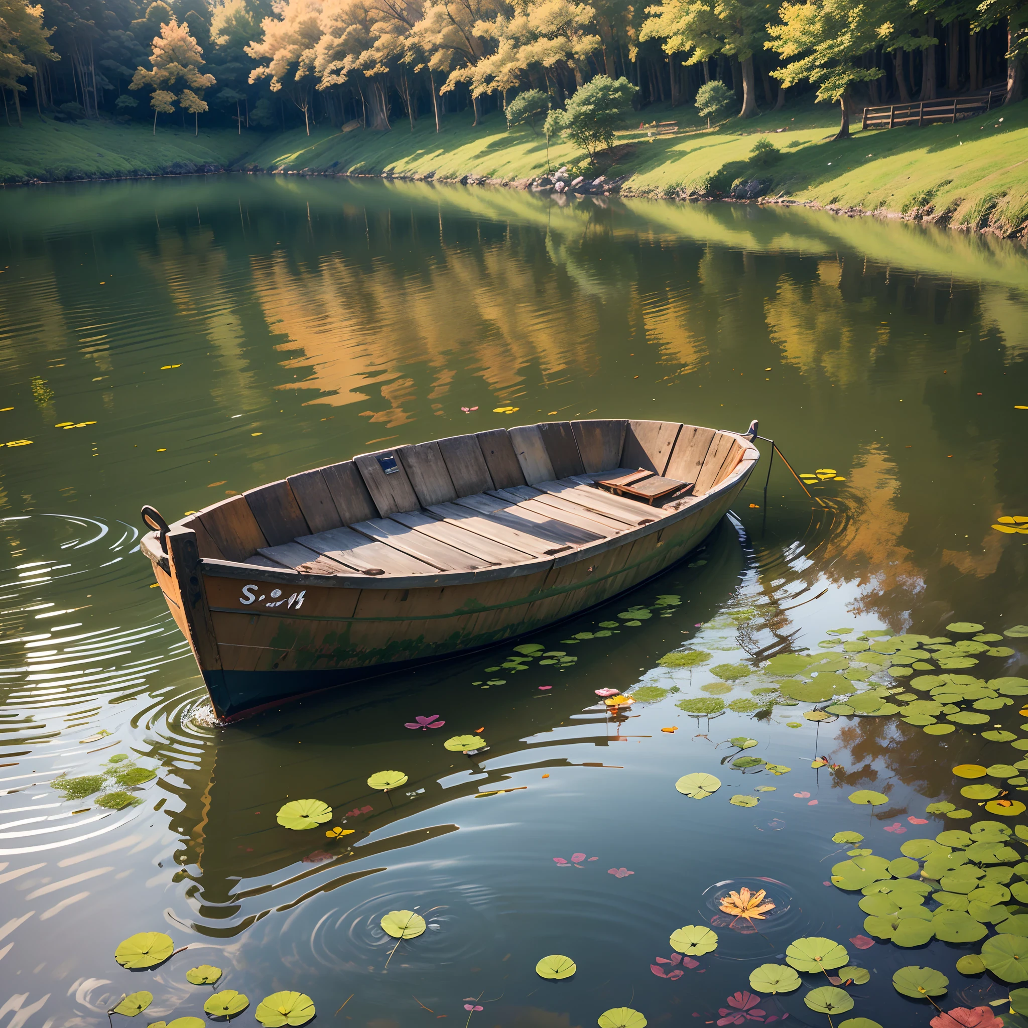 Cold autumn pond with clear water, 1 tiny fishing boat, The surface of the ash pond has a few duckweed trees on the surface of the water --auto --s2