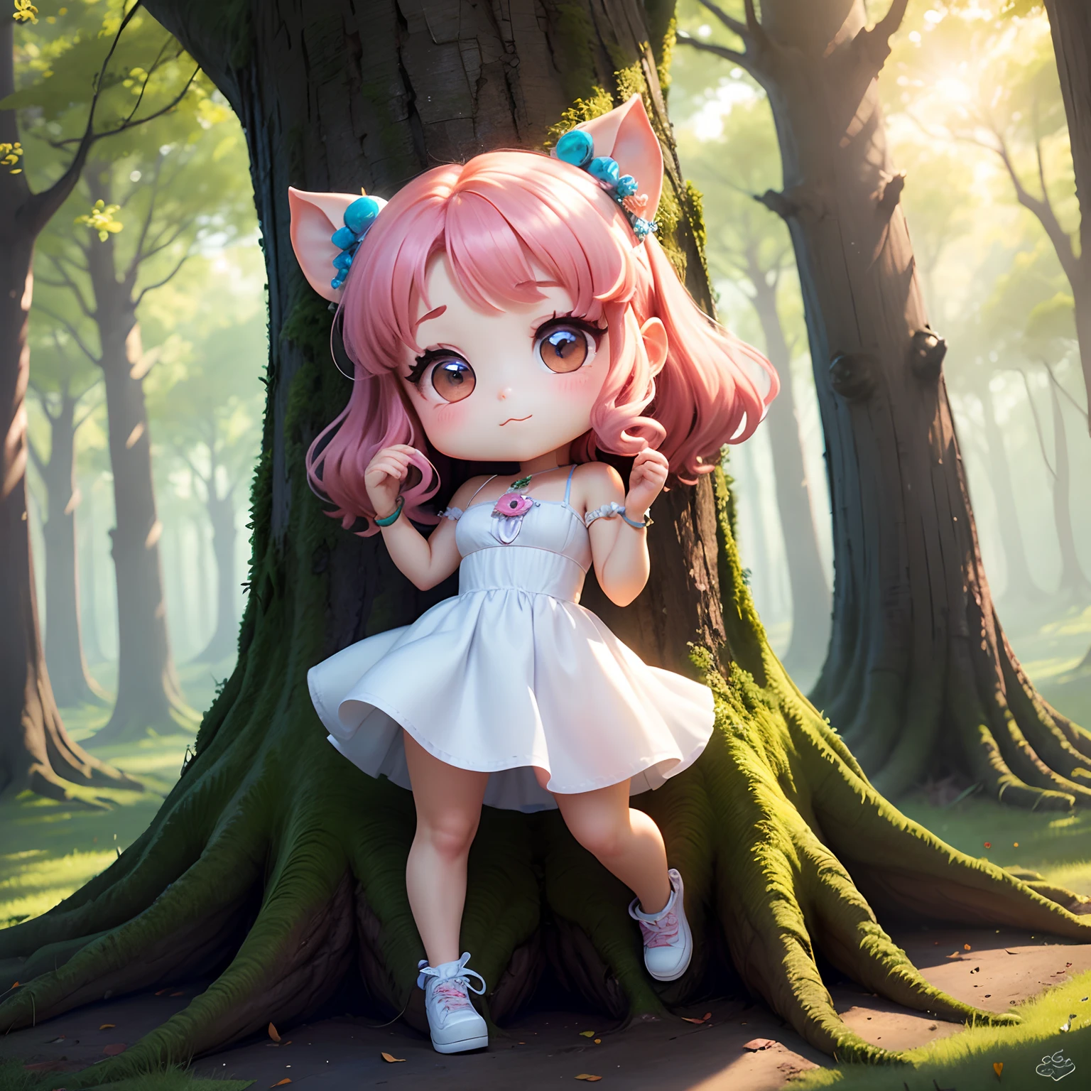masterpiece、top-quality、ultra-detailliert、(Chibi Chara Daphne:1.2)、Greek mythology、fairy tale forest、The lower body is integrated with a large tree.、Bright sunlight