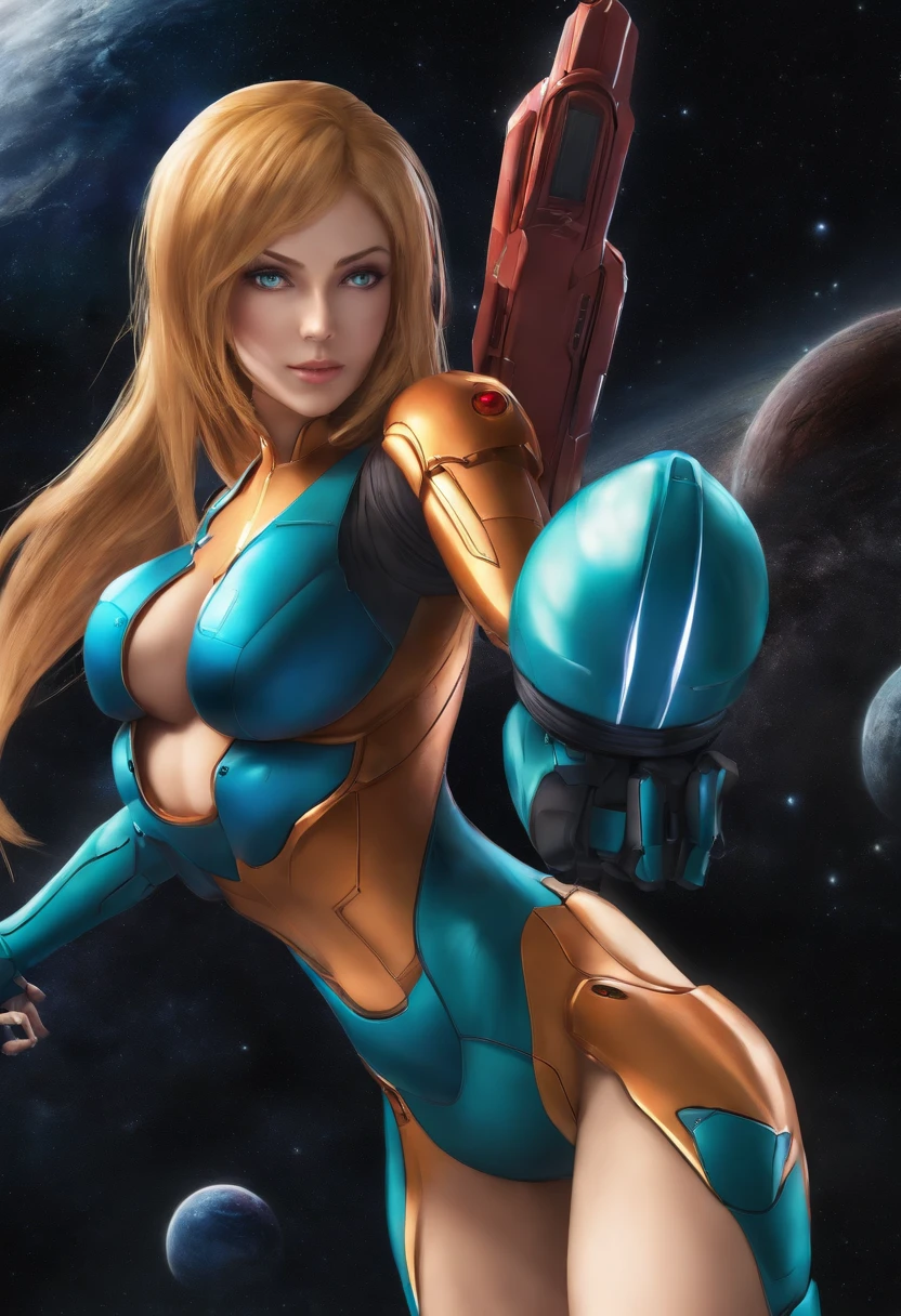 una chica como samus aran,zero suit,anime,big butt, in the space.