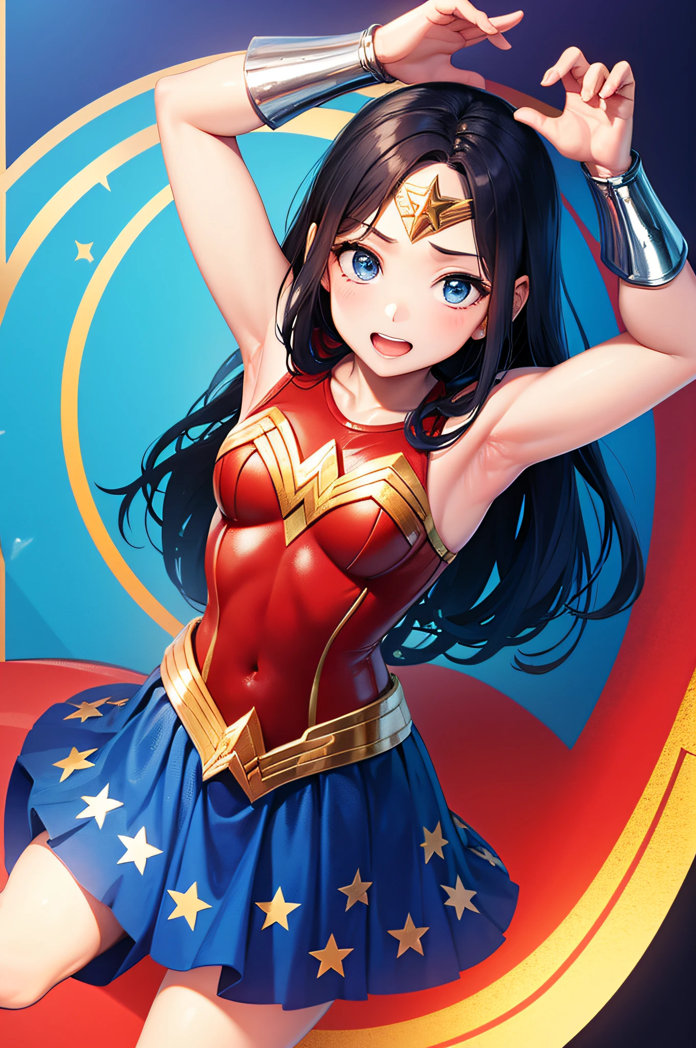 Wonder Woman, 7 year old version with classic armor, on a children's party background