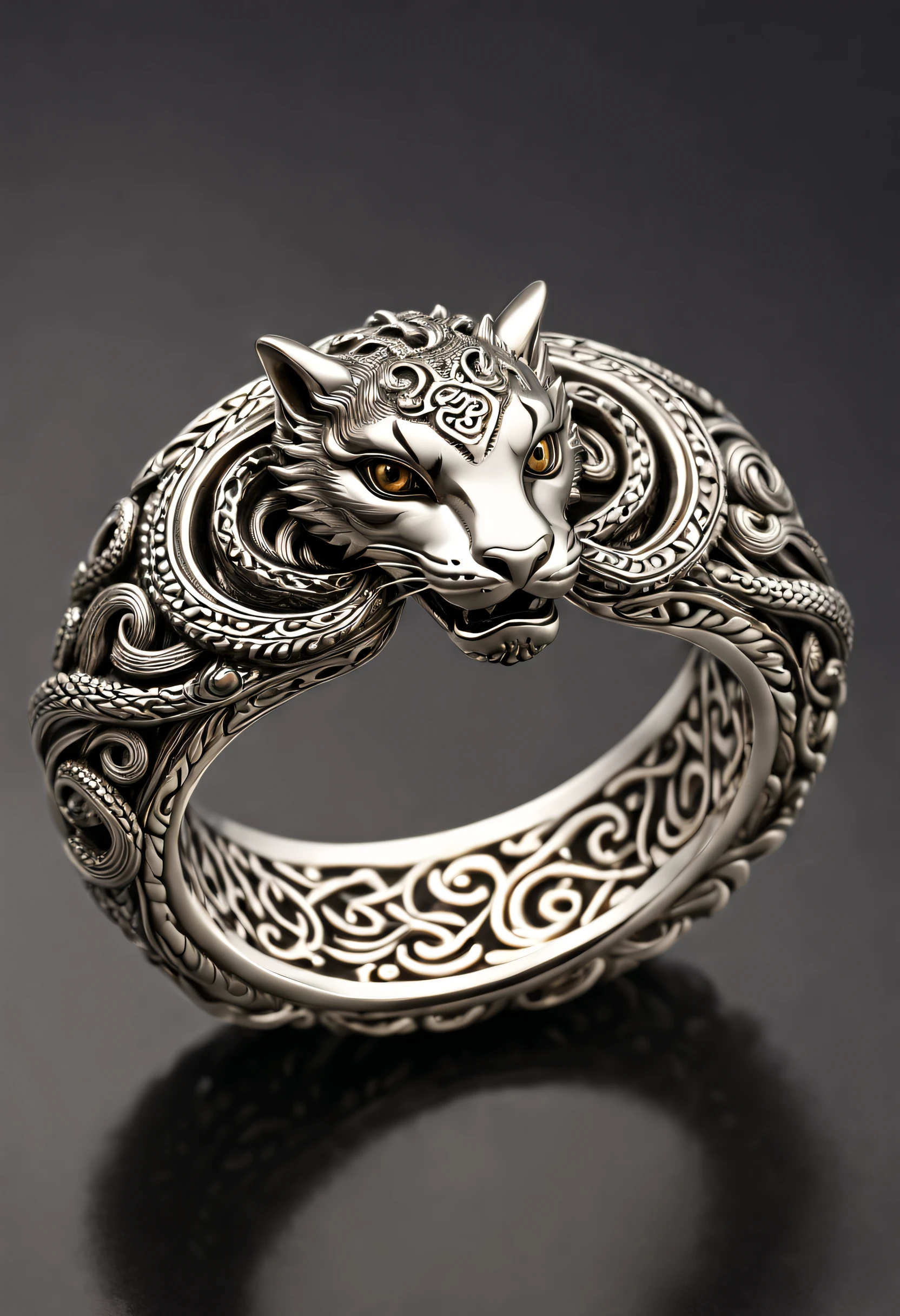 An exquisite and ornate silver (metal ring) in the form of an (ouroboros). The ouroboros ring is embelished with intricate intertwining strands of interconnected patterns, and engraved with intricate flourishes and dimensional details, exhibiting the mesmerizing infinite interplay of light and shadow.