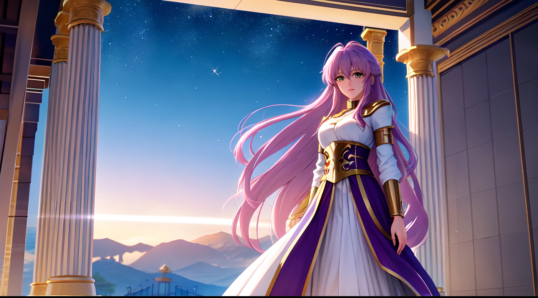 Kido_saori, Saint seiya athena with plain long light purple hair,hair between eyes,green eyes,rosy cheeks,full lips,thin eyebrows,slender body,ruby diamonds armor and very long skirt,cute anime girl,full body,athens temple,jungle with river,Lumen Reflections,Screen Space Reflections,Diffraction Grading,Chromatic Aberration,GB Displacement,Scan Lines,Ray Traced,Anti-Aliasing,FXAA,TXAA,RTX,SSAO,Shaders,OpenGL-Shaders, GLSL-Shaders,Post Processing,Post-Production,cell Shading,Tone Mapping,CGI,VFX,SFX,insanely detailed and intricate, 4K,standing, solo, masterpiece, best quality, detailed face, detailed eyes, highres