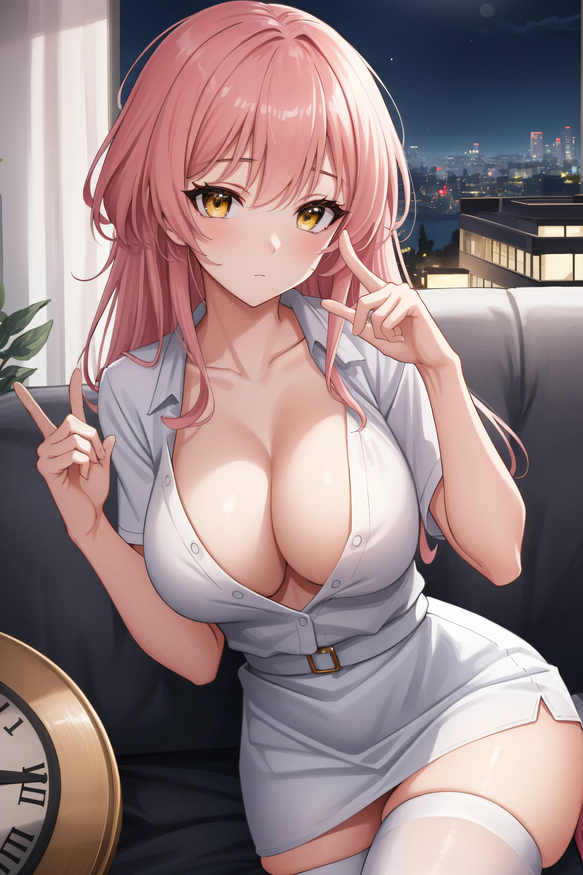 (Night:1.7), Cyberpunk_CityView, Before Window,in front of a wall with a clock,
sitting at attention,sitting on couch,
white shirt,yellow skirt,collarbone, cleavage, puffy_short_sleeves,thighhighs, White legwear, no_bra,
mika jougasaki, hair bow, long hair, pink hair, (yellow eyes:1.5),
1 girl, 20yo,young female,Beautiful Finger,Beautiful long legs,Beautiful body,Beautiful Nose,Beautiful character design, perfect eyes, perfect face,
looking at viewer, (innocent_big_eyes:1.0),(expressionless:1.3),
NSFW,official art,extremely detailed CG unity 8k wallpaper, perfect lighting,Colorful, Bright_Front_face_Lighting,
(masterpiece:1.0),(best_quality:1.0), ultra high res,4K,ultra-detailed,
photography, 8K, HDR, highres, absurdres:1.2, Kodak portra 400, film grain, blurry background, bokeh:1.2, lens flare, (vibrant_color:1.2)
(Beautiful,large_Breasts:1.4), (beautiful_face:1.5),(narrow_waist),(perfect hands, perfect anatomy),