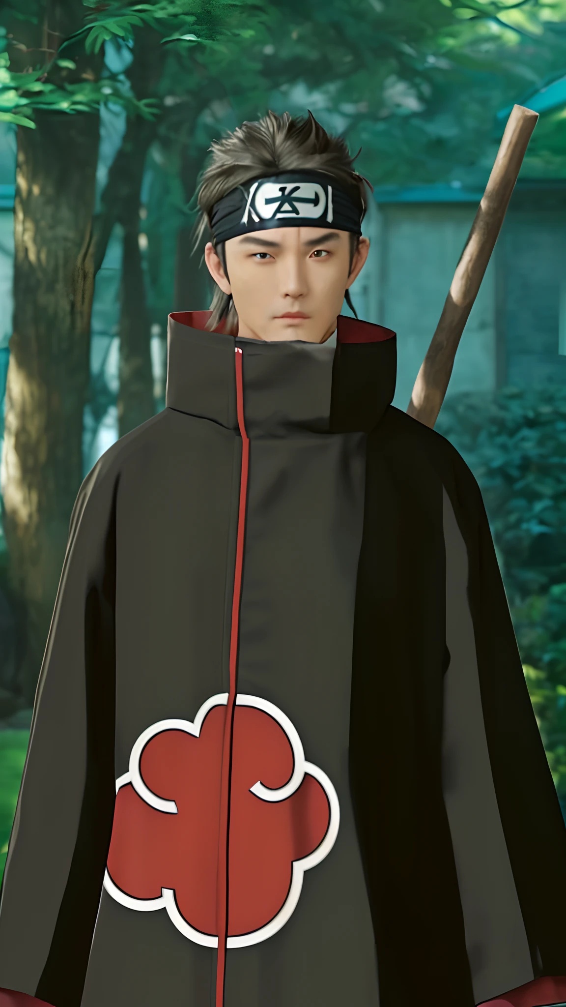 Real life adaption of this character, handsome man face, cool expression, ((realistic same hair)),((realistic same outfit with Akatsuki logo)) , hyper realistic, realistic light, realistic shadow, realism,(photorealistic:1.2), looking to viewer , there is same realistic iron stick on the back,((same outfit in the head)),wear realistic headband