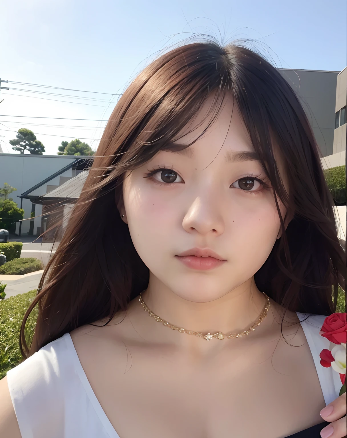 There was a woman holding a red thing in her hand。, 8k selfie photograph, young lovely Korean faces, Soft portrait shot 8 K, Kawaii realistic portrait, cute delicate face, Gorgeous young Korean woman, Beautiful young Korean woman, portrait of female korean idol, young cute wan asian face, 8K Artgerm bokeh, Skinny cheeks cute Korean face