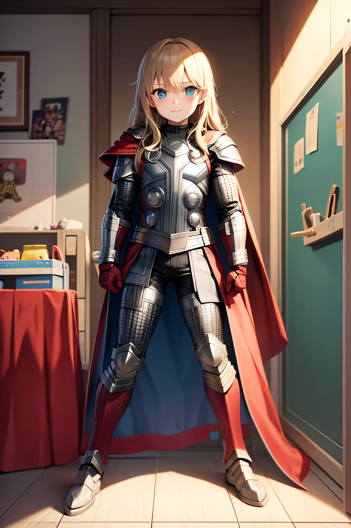 Thor Avengers, 9 year old version with classic armor, on a toy room background
