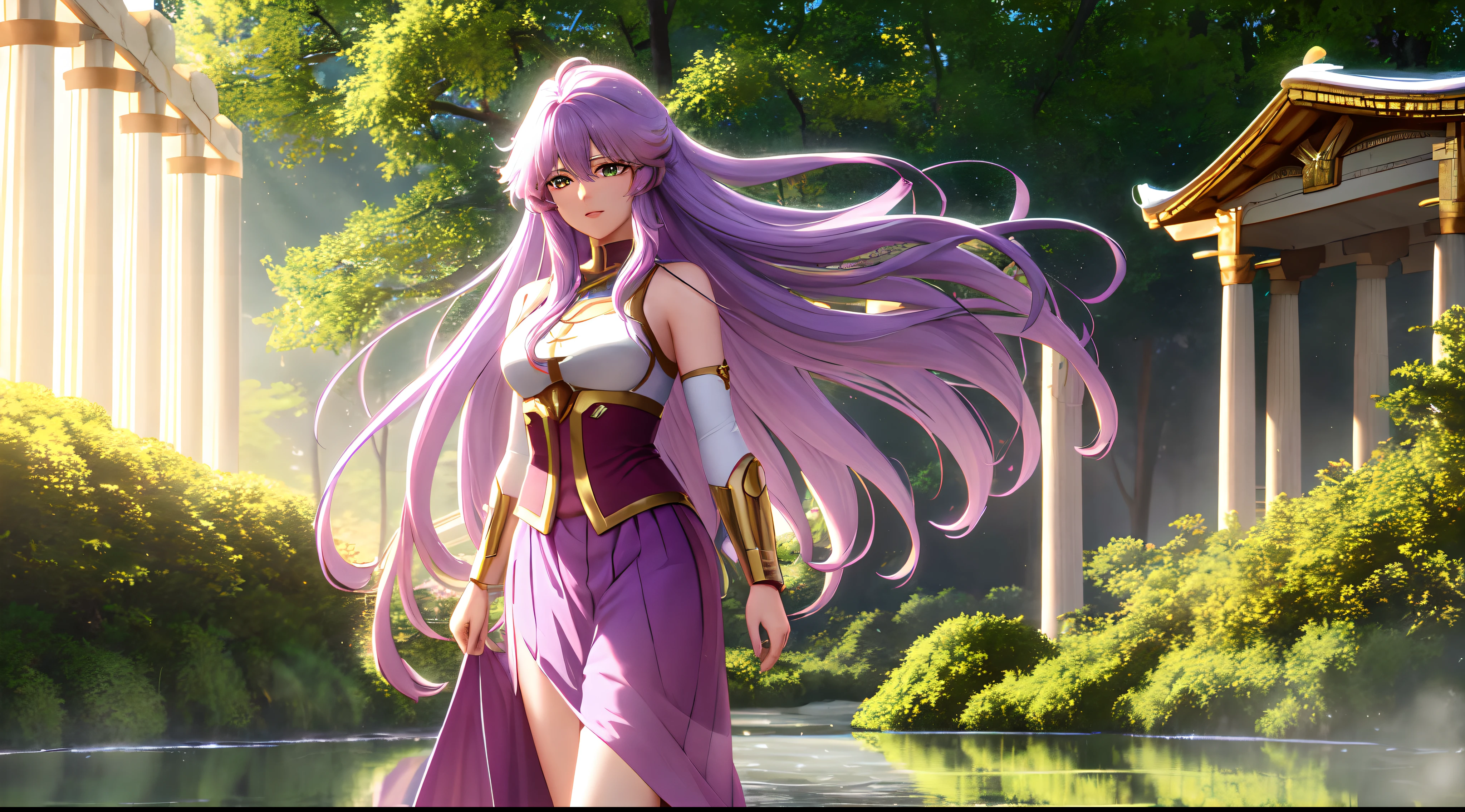 Kido_saori, Saint seiya athena with plain long light purple hair,hair between eyes,green eyes,rosy cheeks,full lips,thin eyebrows,slender body,ruby diamonds armor and very long skirt,cute anime girl,full body,athens temple,jungle with river,Lumen Reflections,Screen Space Reflections,Diffraction Grading,Chromatic Aberration,GB Displacement,Scan Lines,Ray Traced,Anti-Aliasing,FXAA,TXAA,RTX,SSAO,Shaders,OpenGL-Shaders, GLSL-Shaders,Post Processing,Post-Production,cell Shading,Tone Mapping,CGI,VFX,SFX,insanely detailed and intricate, 4K,standing, solo, masterpiece, best quality, detailed face, detailed eyes, highres