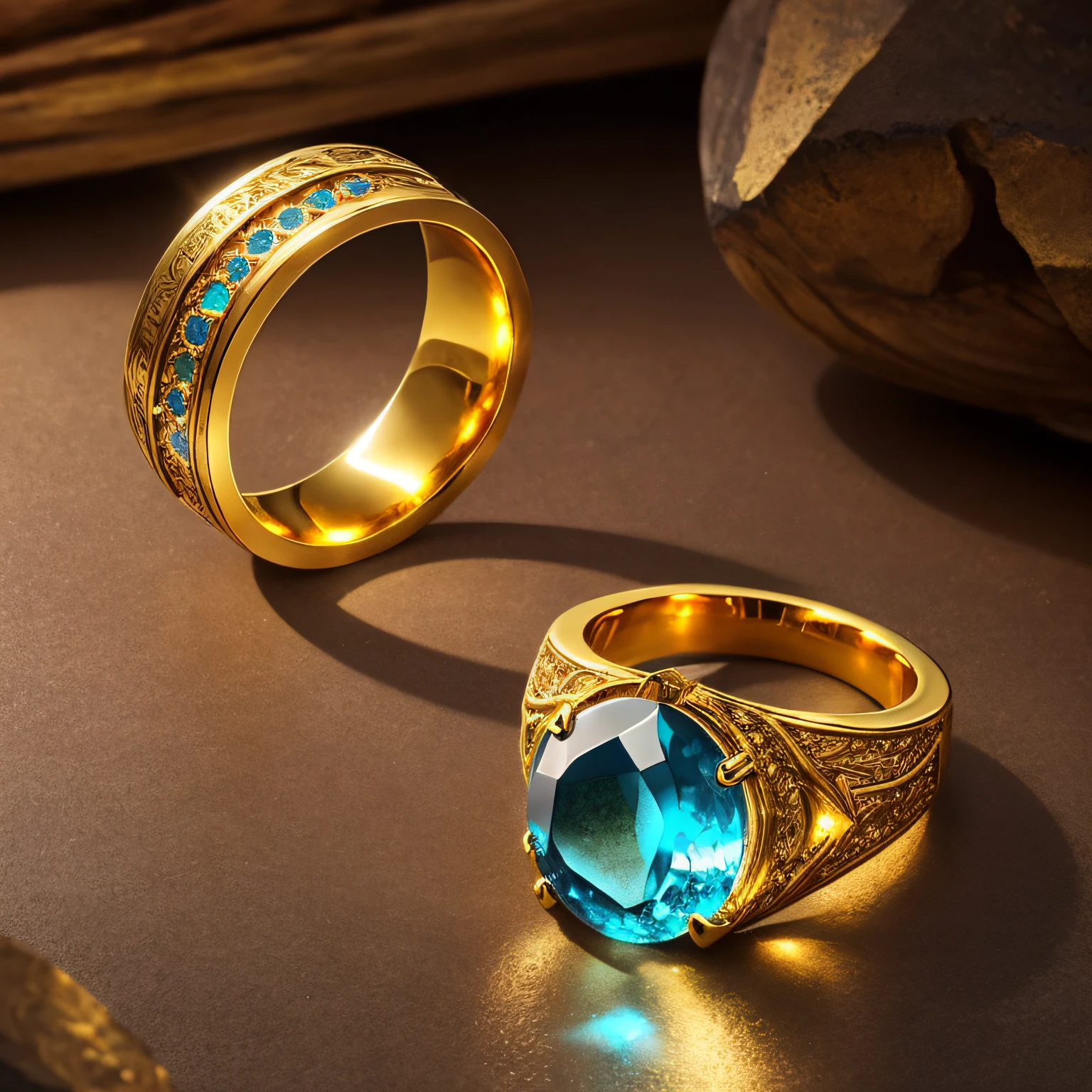 In dimly lit environments,Golden magic ring,inlaid gemstones,Strong metallic texture,Intense light and shadow effects,There are magic effects all around,lord of the ring