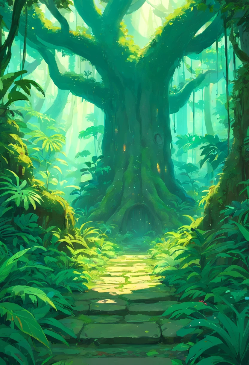 The tree々Digital painting of jungle scene, Deep jungle from another world, Fantasy Jungle, art nouveau jungle environment, Deep jungle texture, Jungle environment, eerie jungle, ,There is a fallen tree in the jungle,