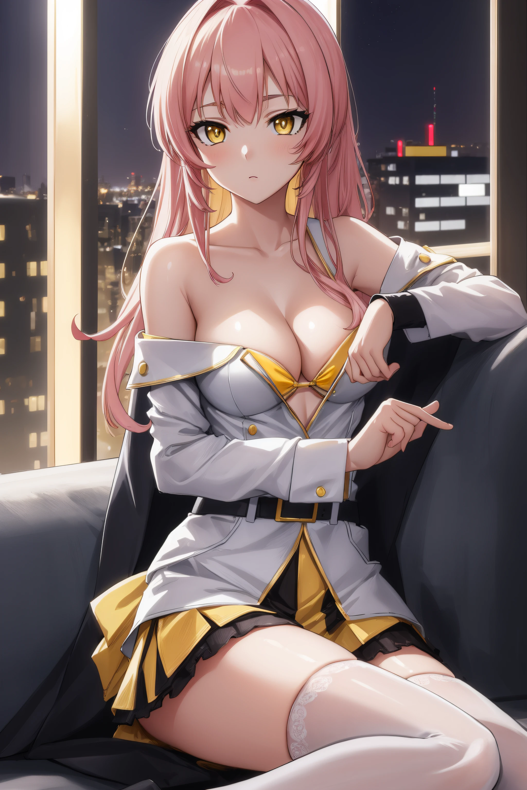 (Night:1.7), Cyberpunk_CityView, Before Window,in front of a wall with a clock,
sitting at attention,sitting on couch,
white shirt,yellow skirt,collarbone, cleavage, puffy_short_sleeves,thighhighs, White legwear, no_bra,
mika jougasaki, hair bow, long hair, pink hair, (yellow eyes:1.5),
1 girl, 20yo,young female,Beautiful Finger,Beautiful long legs,Beautiful body,Beautiful Nose,Beautiful character design, perfect eyes, perfect face,
looking at viewer, (innocent_big_eyes:1.0),(expressionless:1.3),
NSFW,official art,extremely detailed CG unity 8k wallpaper, perfect lighting,Colorful, Bright_Front_face_Lighting,
(masterpiece:1.0),(best_quality:1.0), ultra high res,4K,ultra-detailed,
photography, 8K, HDR, highres, absurdres:1.2, Kodak portra 400, film grain, blurry background, bokeh:1.2, lens flare, (vibrant_color:1.2)
(Beautiful,medium_Breasts:1.4), (beautiful_face:1.5),(narrow_waist),(perfect hands, perfect anatomy),