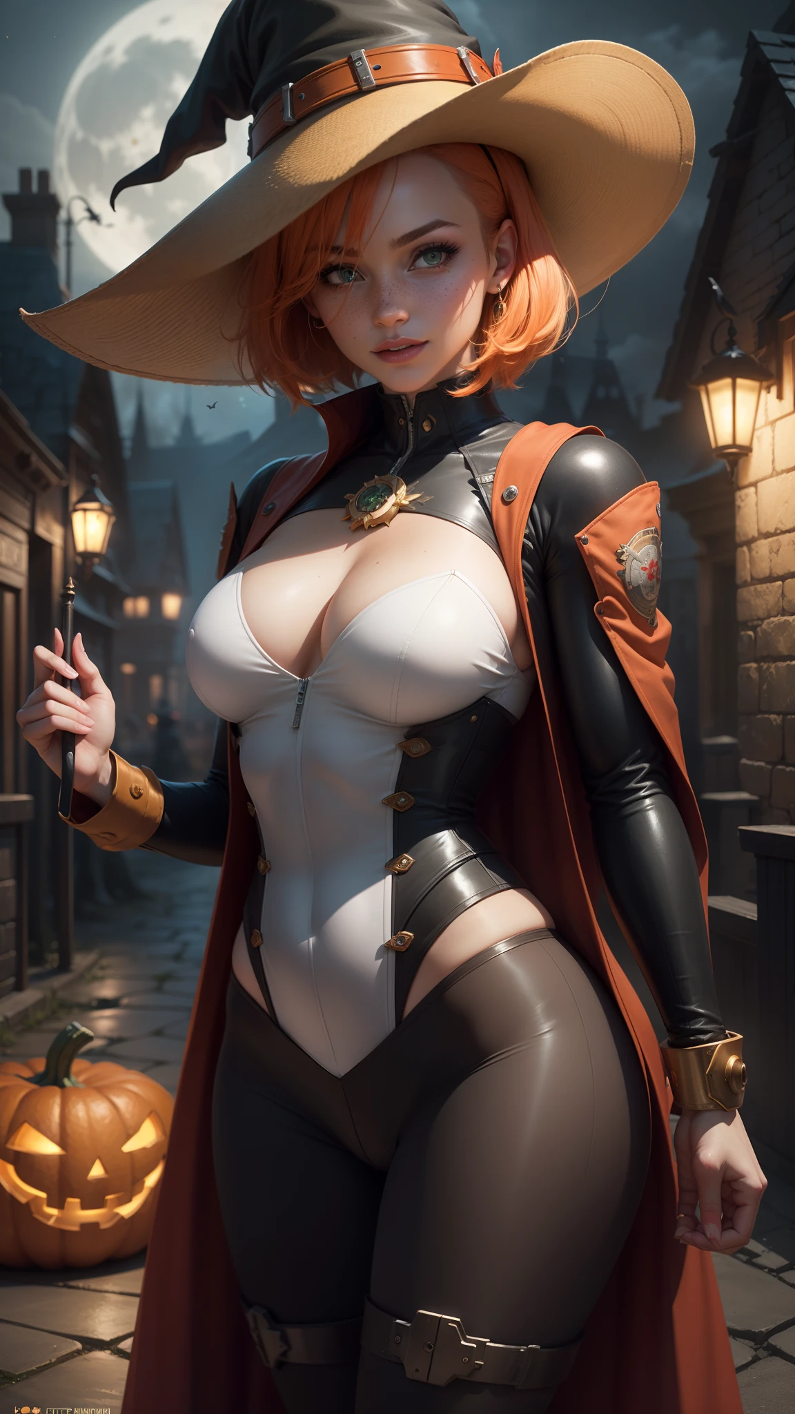 gwen tennyson,tracer,mordred,rebecca chambers,tomb raider,overwatch,1girl, close up,mecha pilot,halloween village, rose and white plugsuit,hair pin,pirate corset,steel long sleeve lycra top,orange leggings,short hair,cute makeup, green eyes,orange and golden hair,shy smile,freckles,redhead,beautiful girl,large breasts,ultra detailed,realistic,fantasy art,witch dress,witch hat,witch cloak, halloween pumpkin,moonlight,