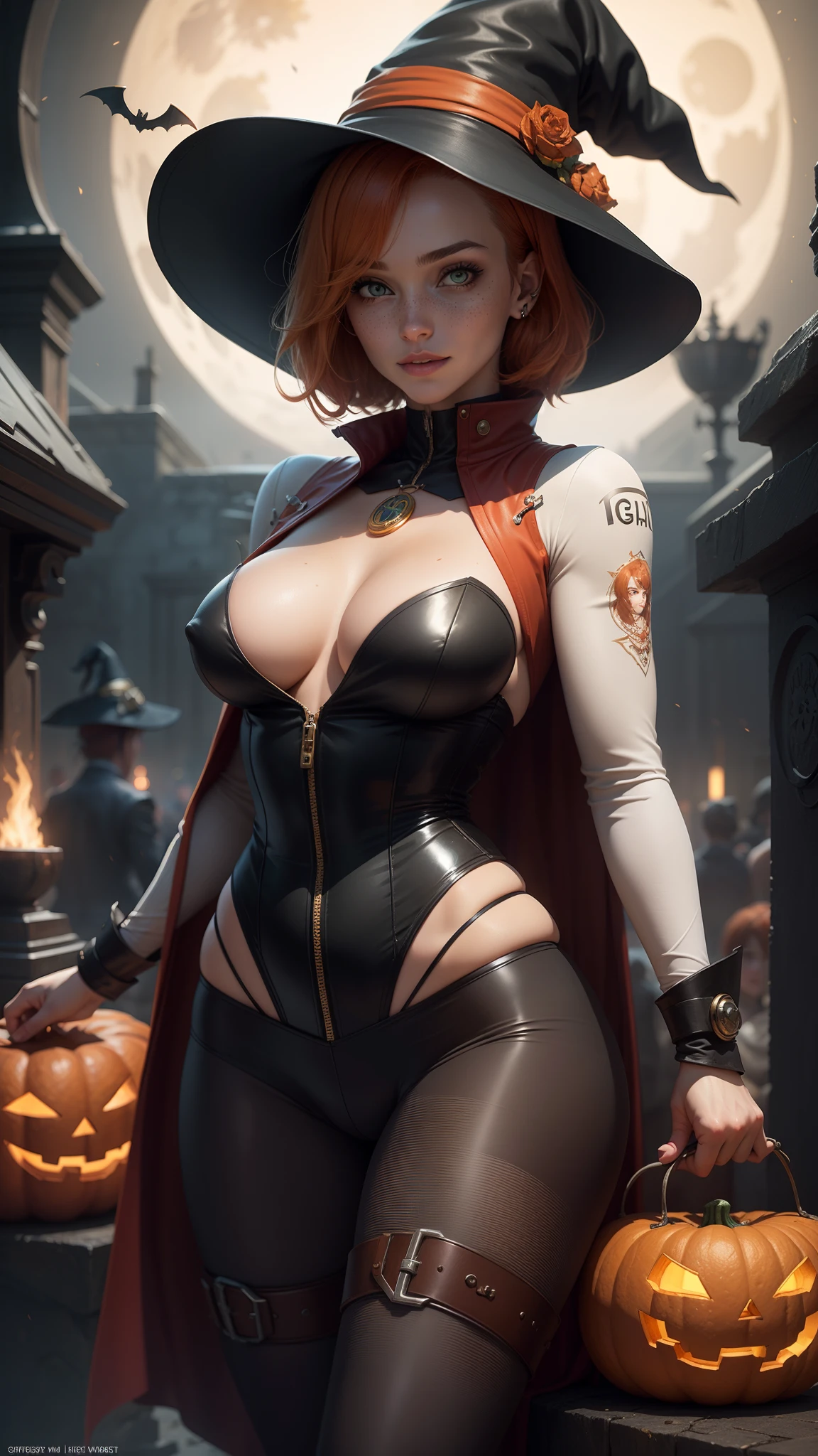 gwen tennyson,tracer,mordred,rebecca chambers,tomb raider,overwatch,1girl, close up,mecha pilot,halloween village, rose and white plugsuit,hair pin,pirate corset,steel long sleeve lycra top,orange leggings,short hair,cute makeup, green eyes,orange and golden hair,shy smile,freckles,redhead,beautiful girl,large breasts,ultra detailed,realistic,fantasy art,witch dress,witch hat,witch cloak, halloween pumpkin,moonlight,