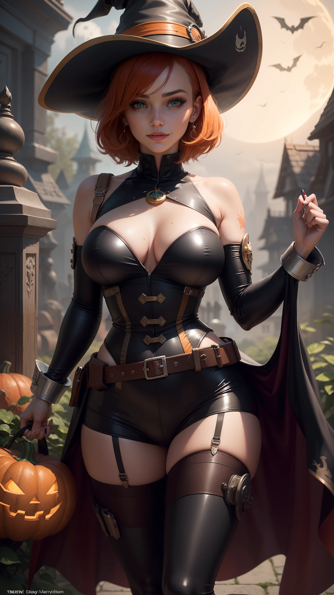 gwen tennyson,tracer,mordred,rebecca chambers,tomb raider,overwatch,1girl, close up,mecha pilot,halloween village, rose and white plugsuit,hair pin,pirate corset,steel long sleeve lycra top,orange leggings,short hair,cute makeup, green eyes,orange and golden hair,shy smile,freckles,redhead,beautiful girl,large breasts,ultra detailed,realistic,fantasy art,witch dress,witch hat,witch cloak, halloween pumpkin,moonlight,